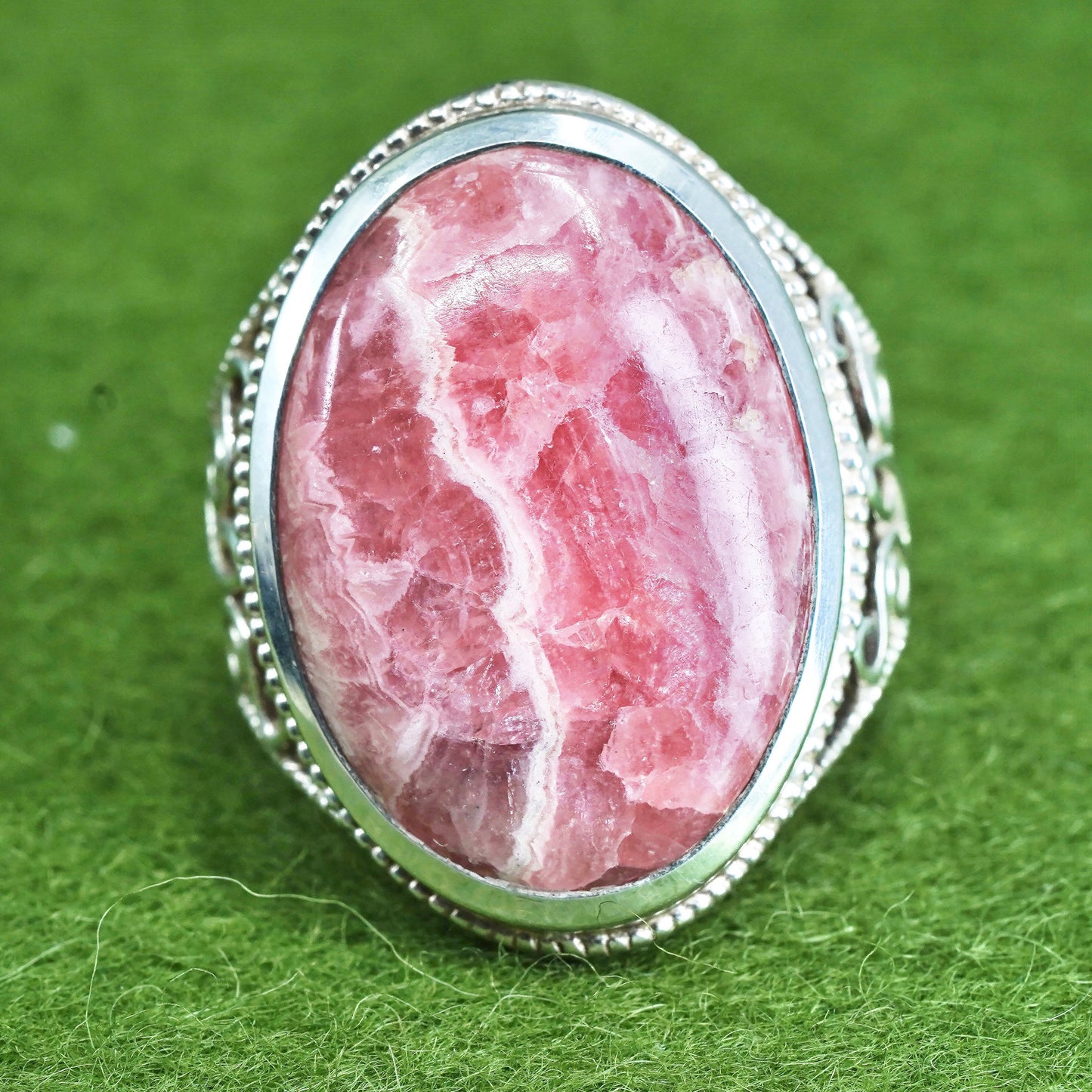 Size 9, Vintage sterling silver ring, filigree 925 ring pink Rhodochrosite