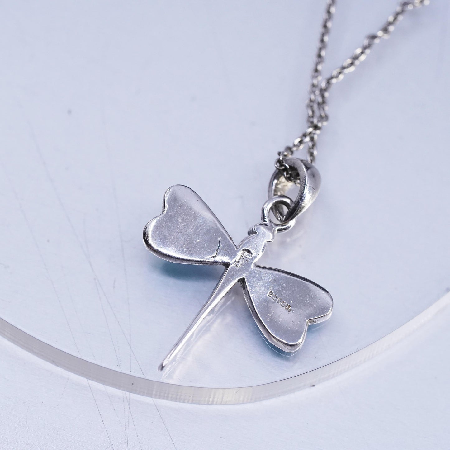 18", vintage Sterling 925 silver circle chain necklace opal dragonfly pendant