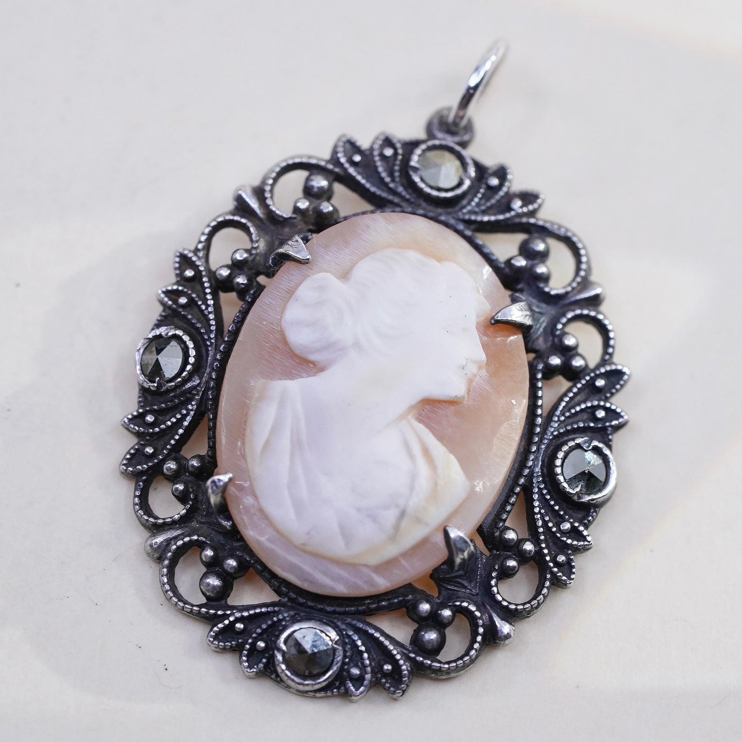 VTG Sterling 925 silver pendant mother of pearl cameo lady cluster marcasites