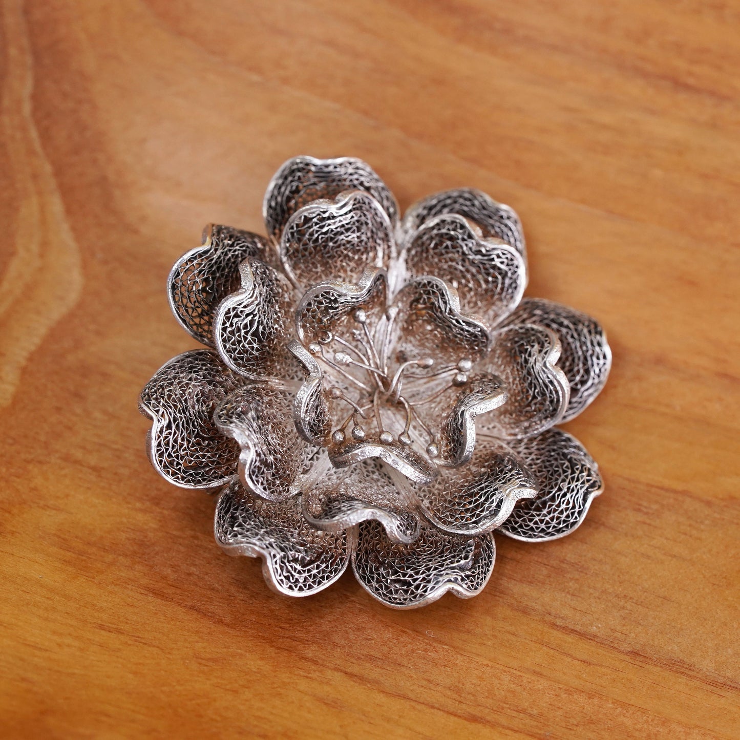 Vintage handmade sterling 925 silver filigree flower brooch