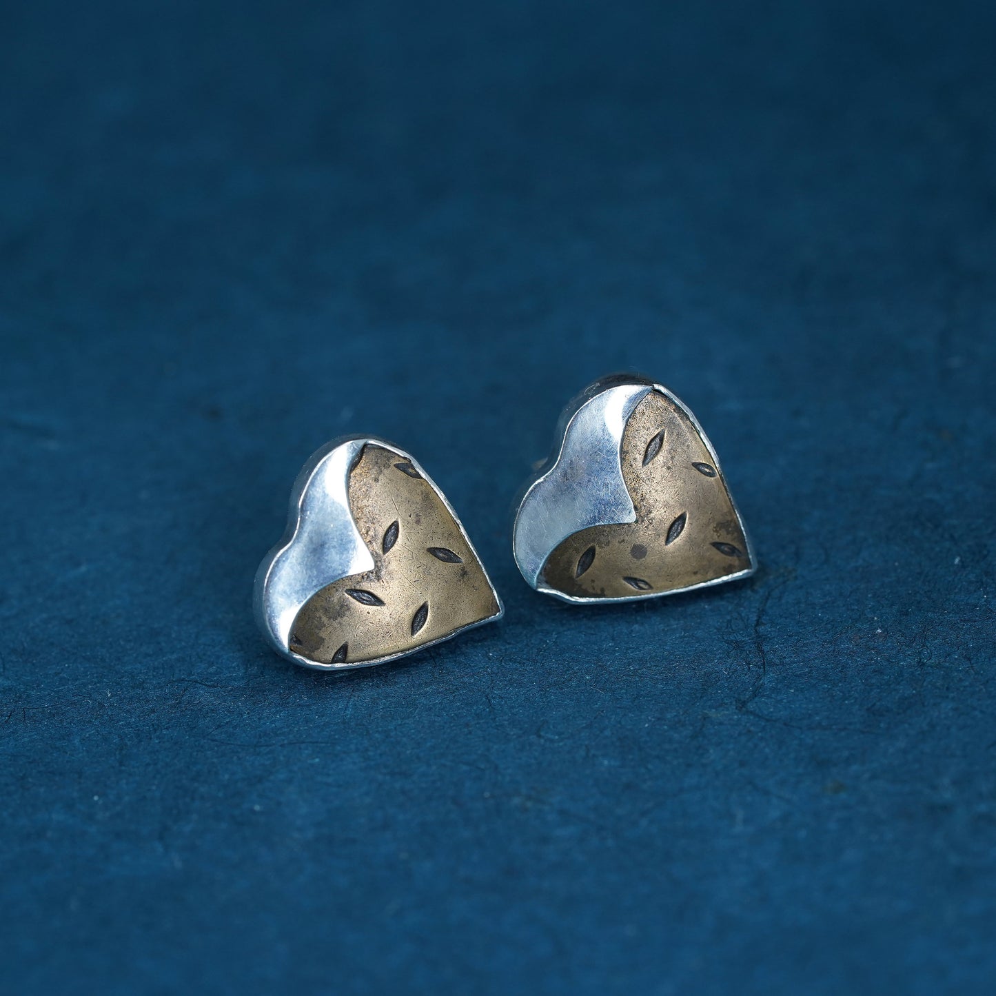 Vintage two tone Sterling silver earrings, 925 square studs with brass heart