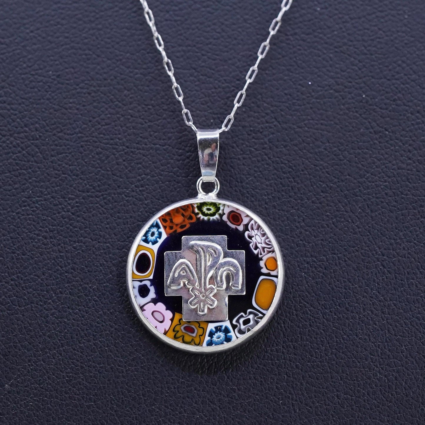 18”, Italy sterling 925 silver artisan blue murano floral glass necklace