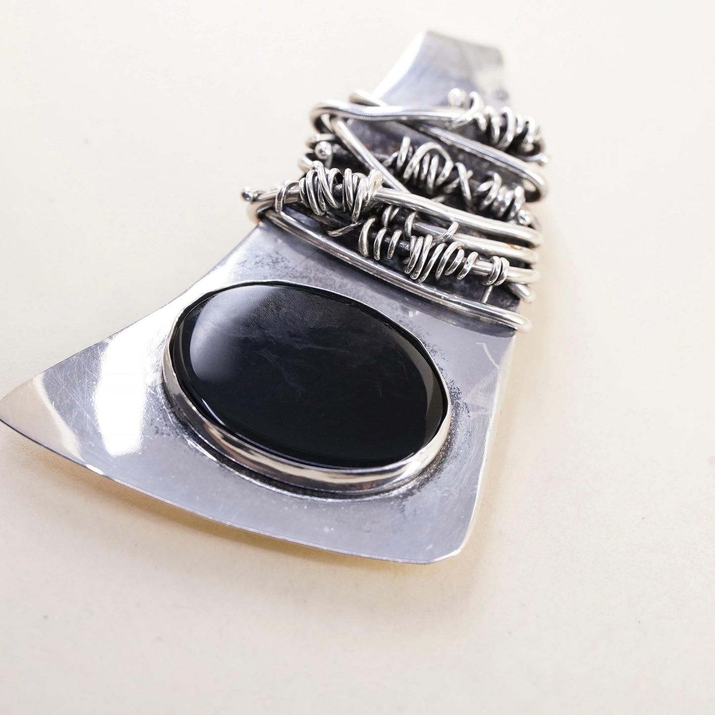 Brutalist Sterling Silver Onyx Brooch, Wire Wrapped Pin, Mid Century Jewelry