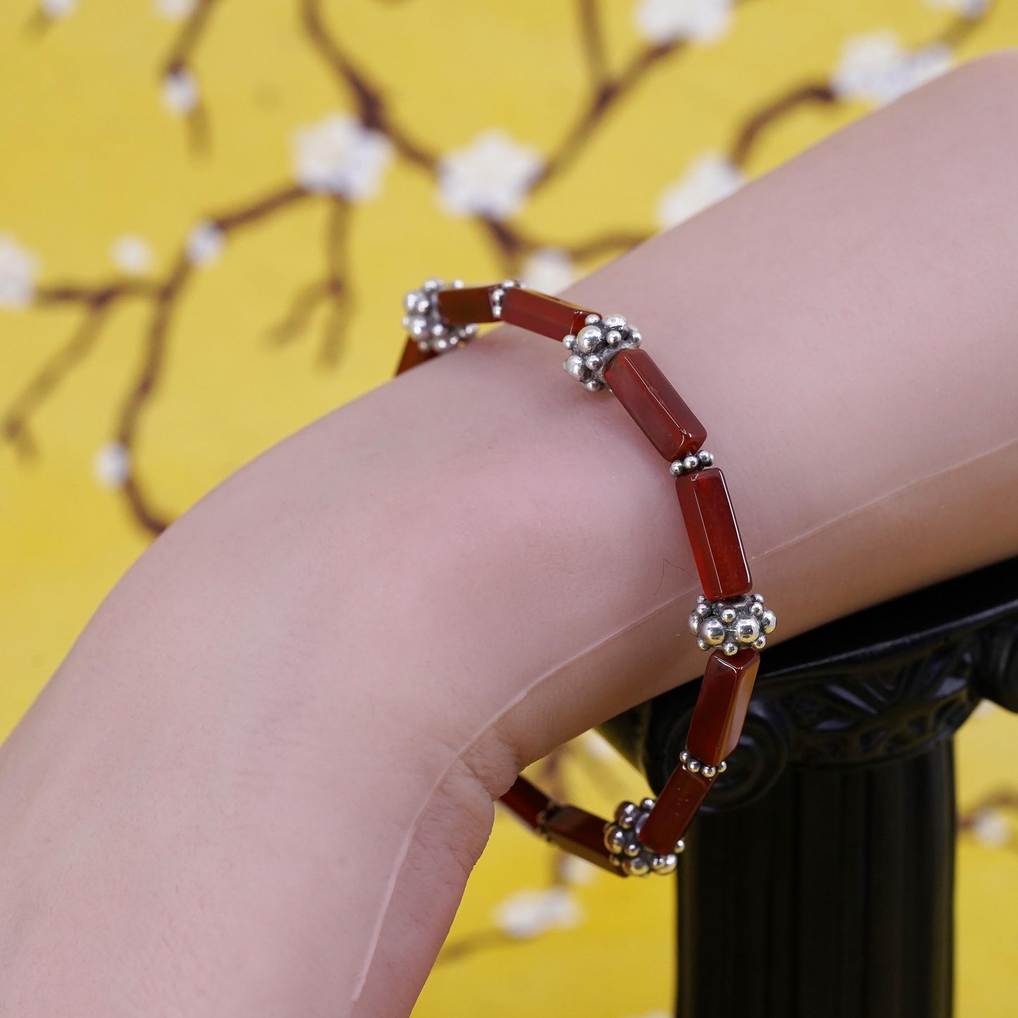 6.75”, Vintage sterling 925 silver handmade bracelet with carnelian tube beads