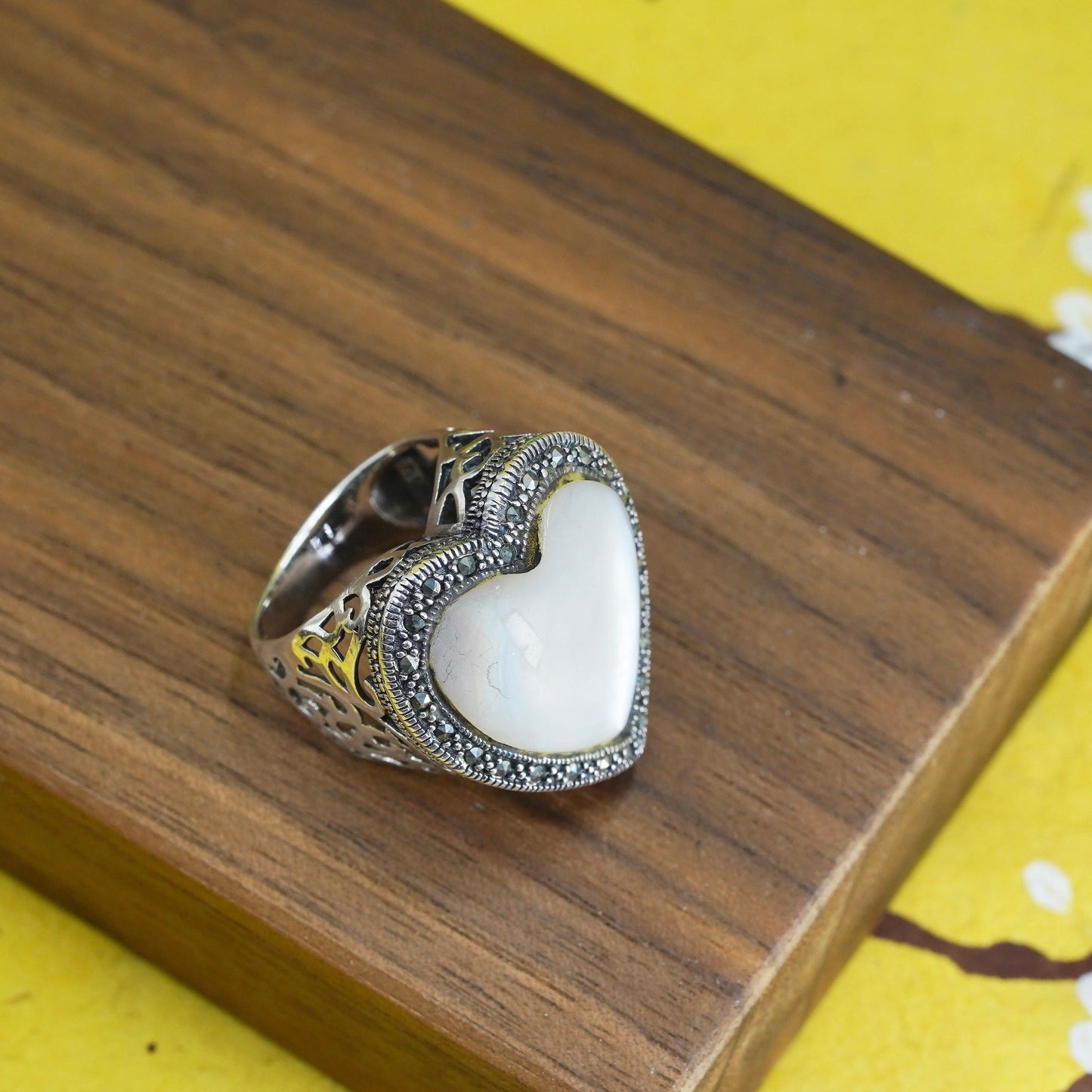 Size 6.5, Sterling 925 silver handmade ring with heart moonstone and marcasite