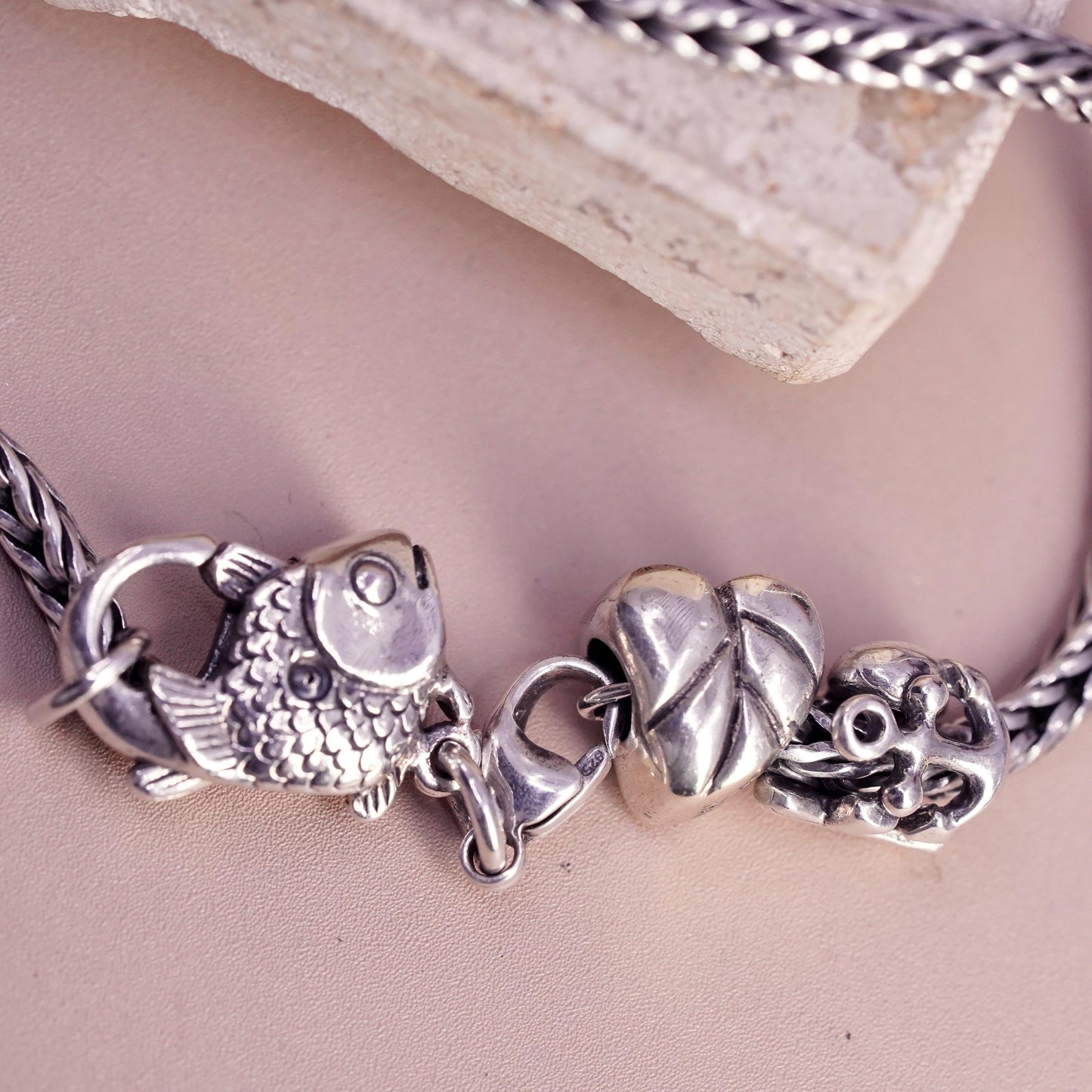 7.75", LAA Trollbeads Sterling Silver 925 wheat Bracelet heart crab leaf charms