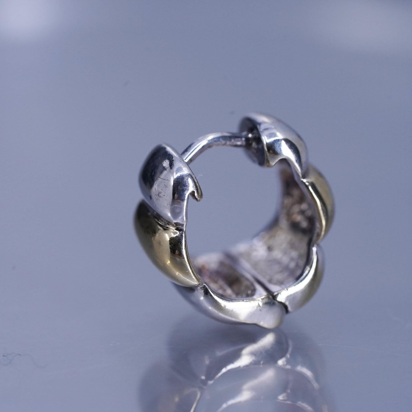 0.5”, vintage two tone Sterling silver single earring, 925 Huggie hoop