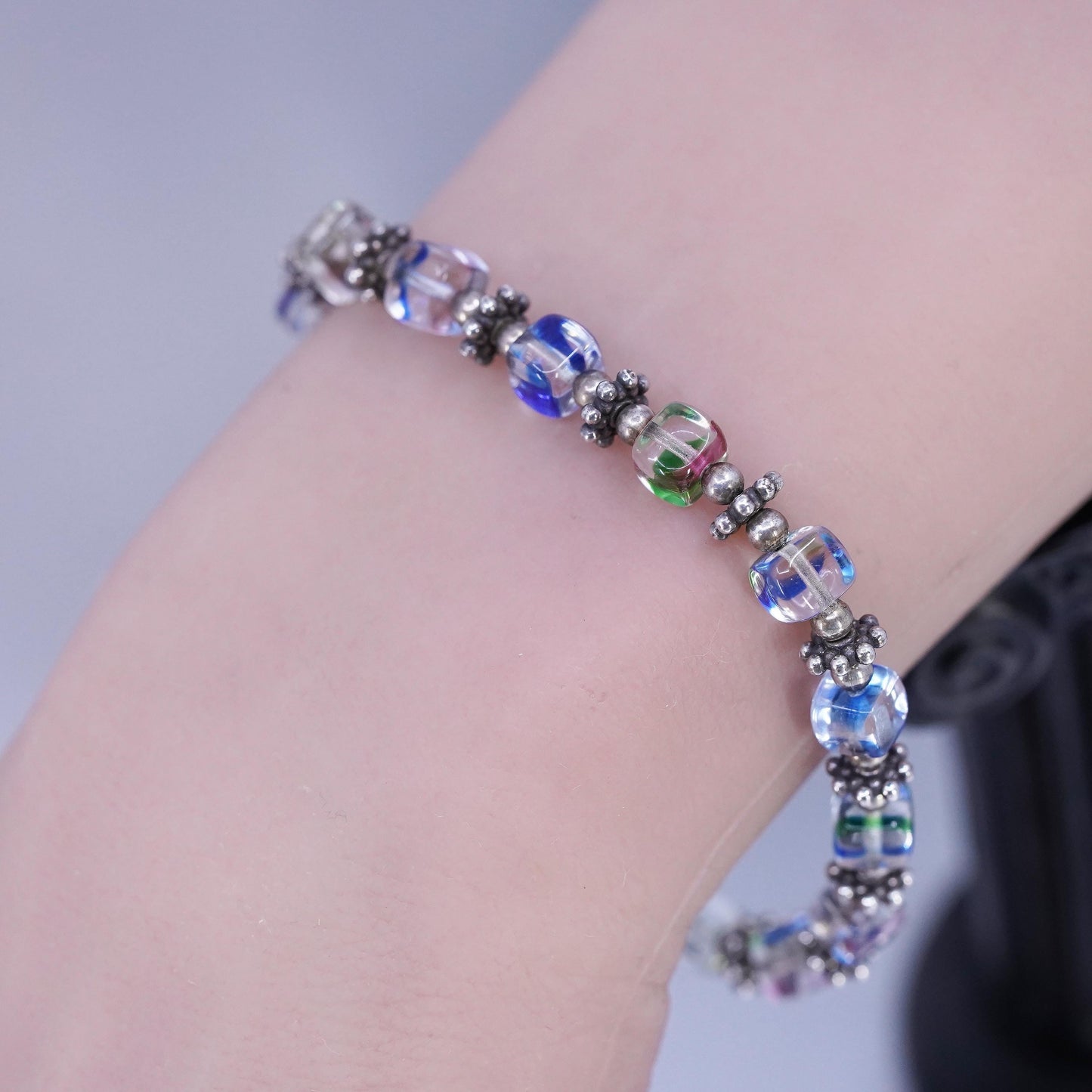 7", Vintae Sterling 925 Silver Handmade Bracelet, Crystal cube beads