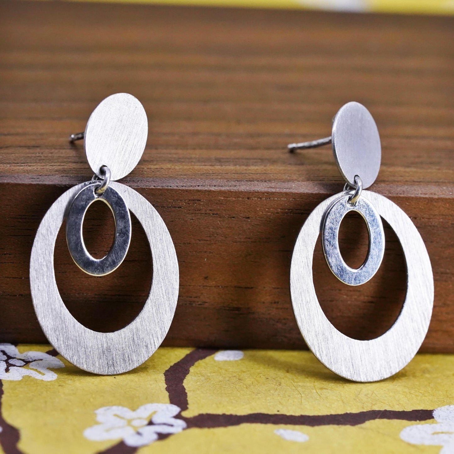Vintage Sterling silver handmade earrings, matte 925 multi circles dangle