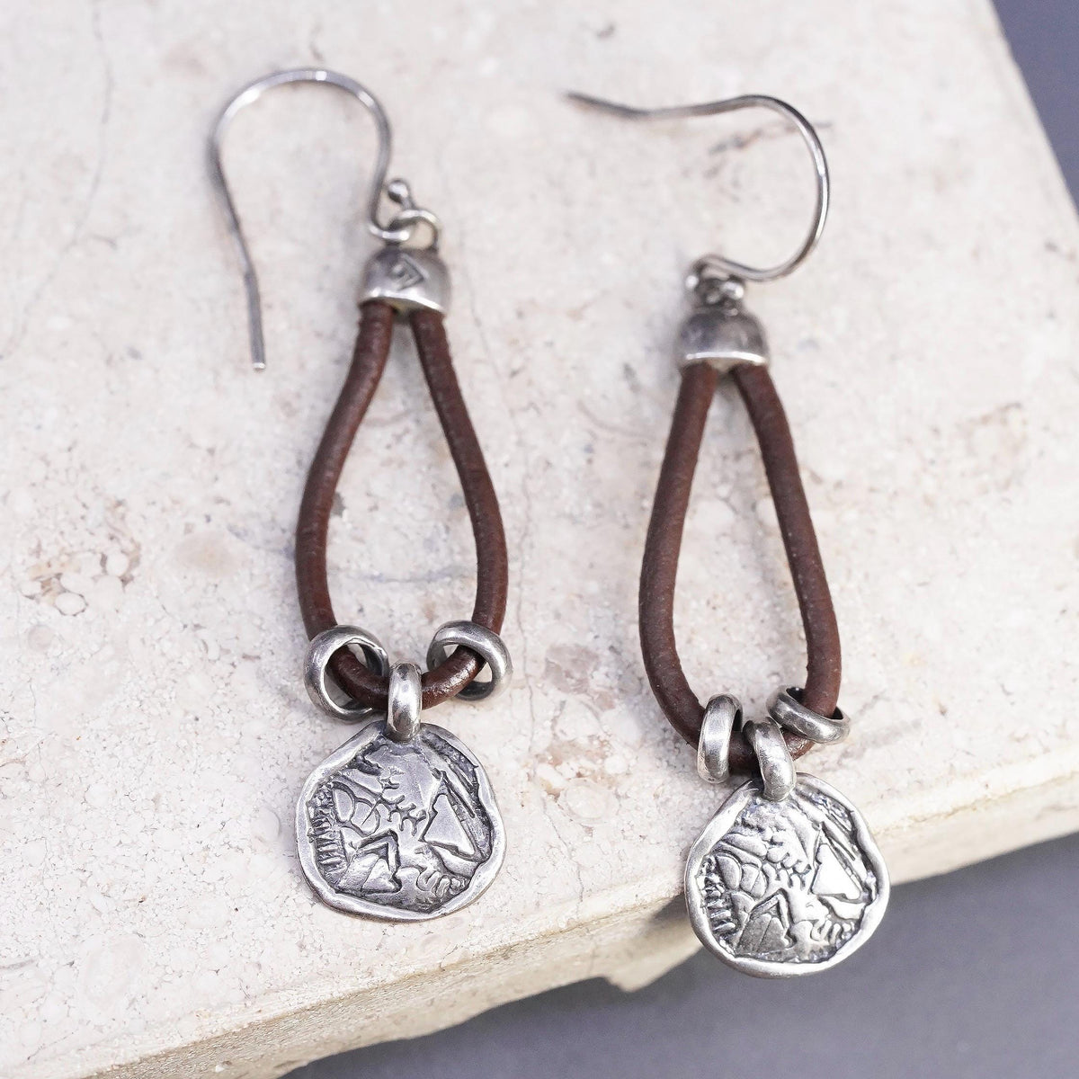 Silpada Sterling 935 Silver Brown Leather Prairie Girl Disc Earrings W2179