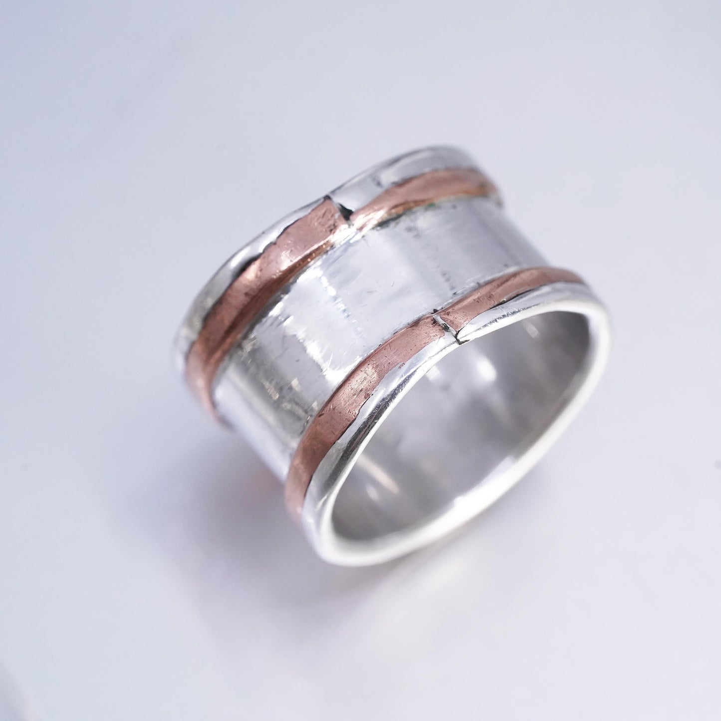 Size 10.5, southwestern Two Tone Sterling Silver Ring, 925 wide Band copper