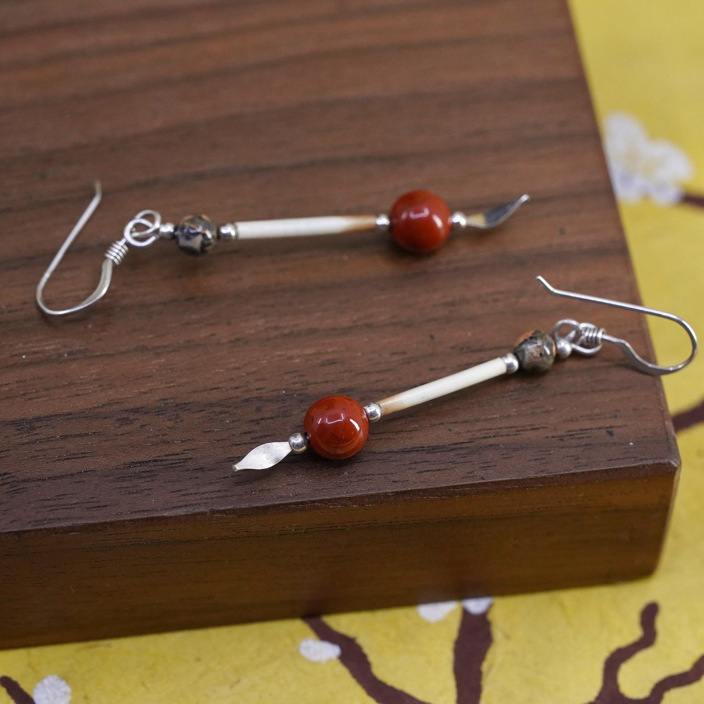 Vintage Sterling silver handmade earrings, 925 hooks with Jasper beads