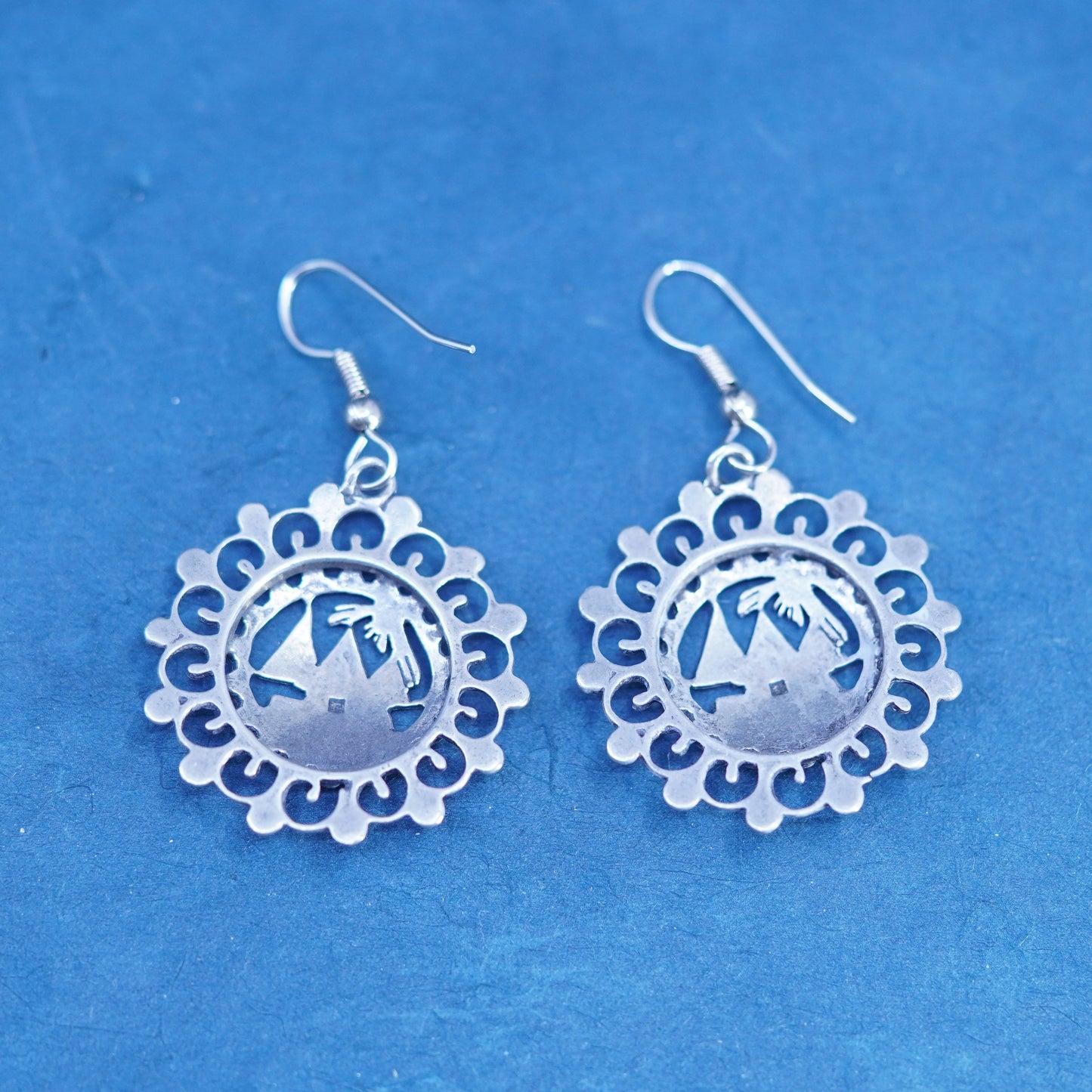 Vintage sterling silver handmade earrings, 925 pyramid embossed drops