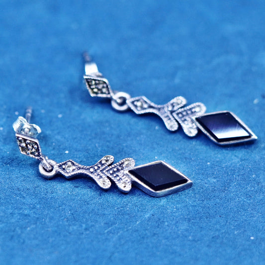 Vintage sterling 925 silver handmade earrings with obsidian and marcasite