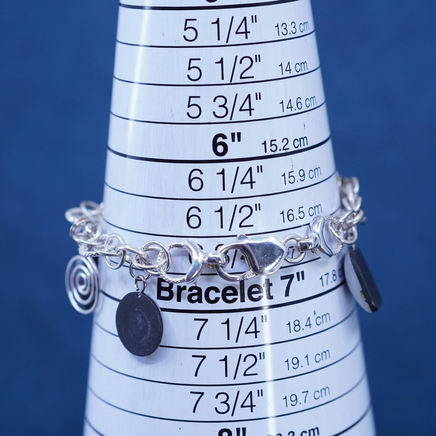 5.5”, Sterling silver bracelet, textured 925 circle chain glass swirly Charms