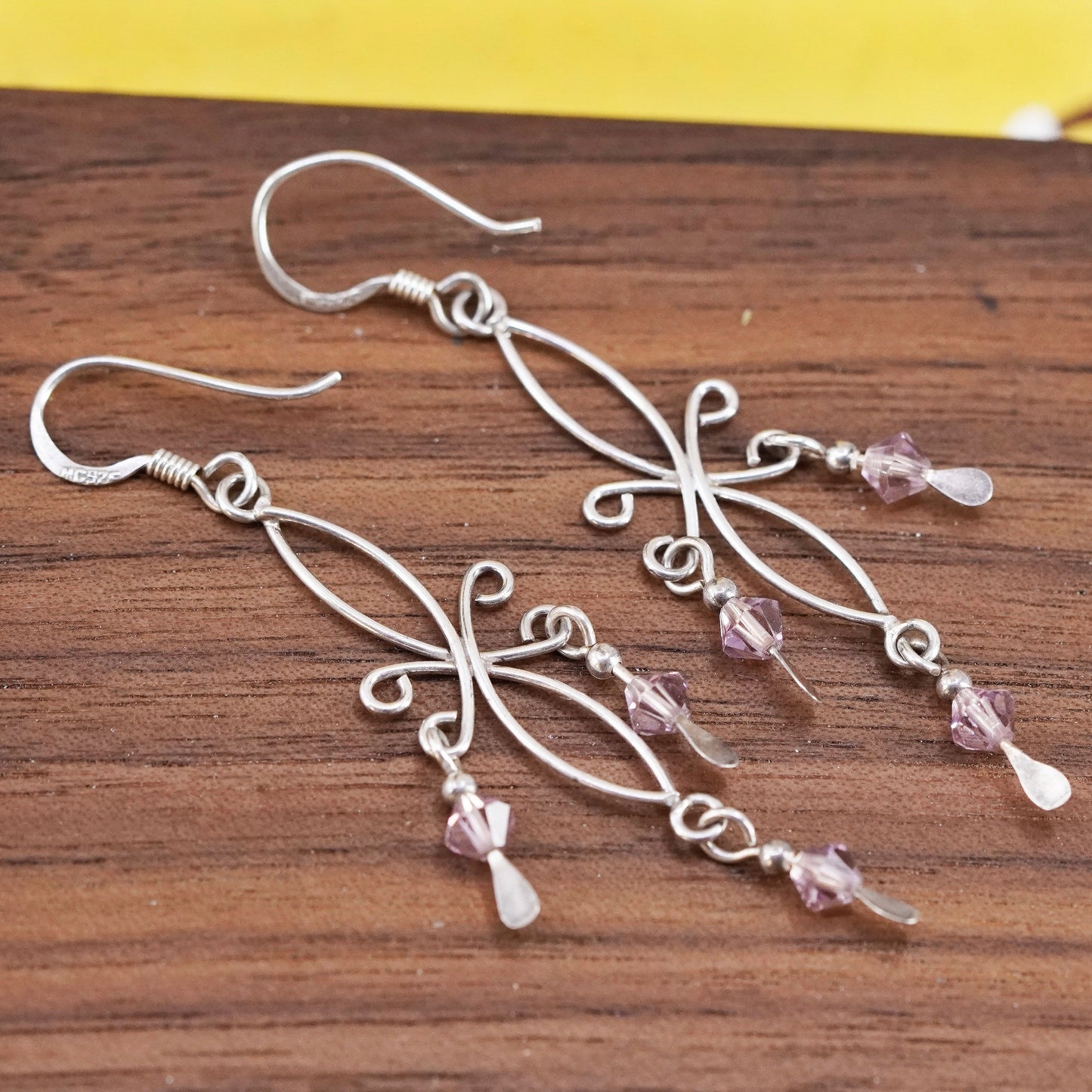 Vintage Sterling silver handmade earrings, 925 swirl wired dangles with crystal