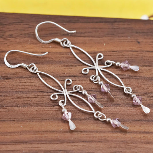 Vintage Sterling silver handmade earrings, 925 swirl wired dangles with crystal
