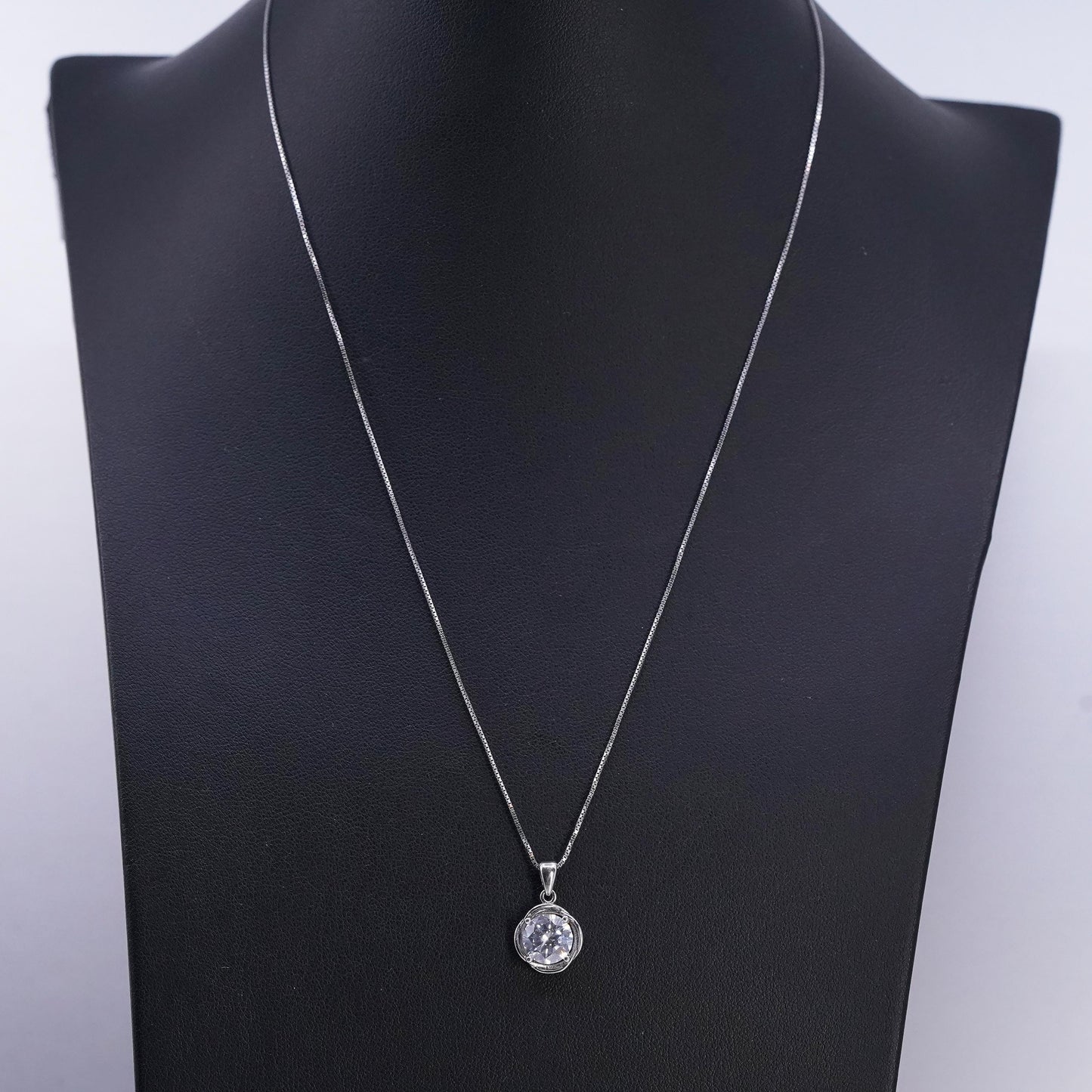 18" 1mm, vintage Sterling 925 silver handmade box necklace with cz pendant