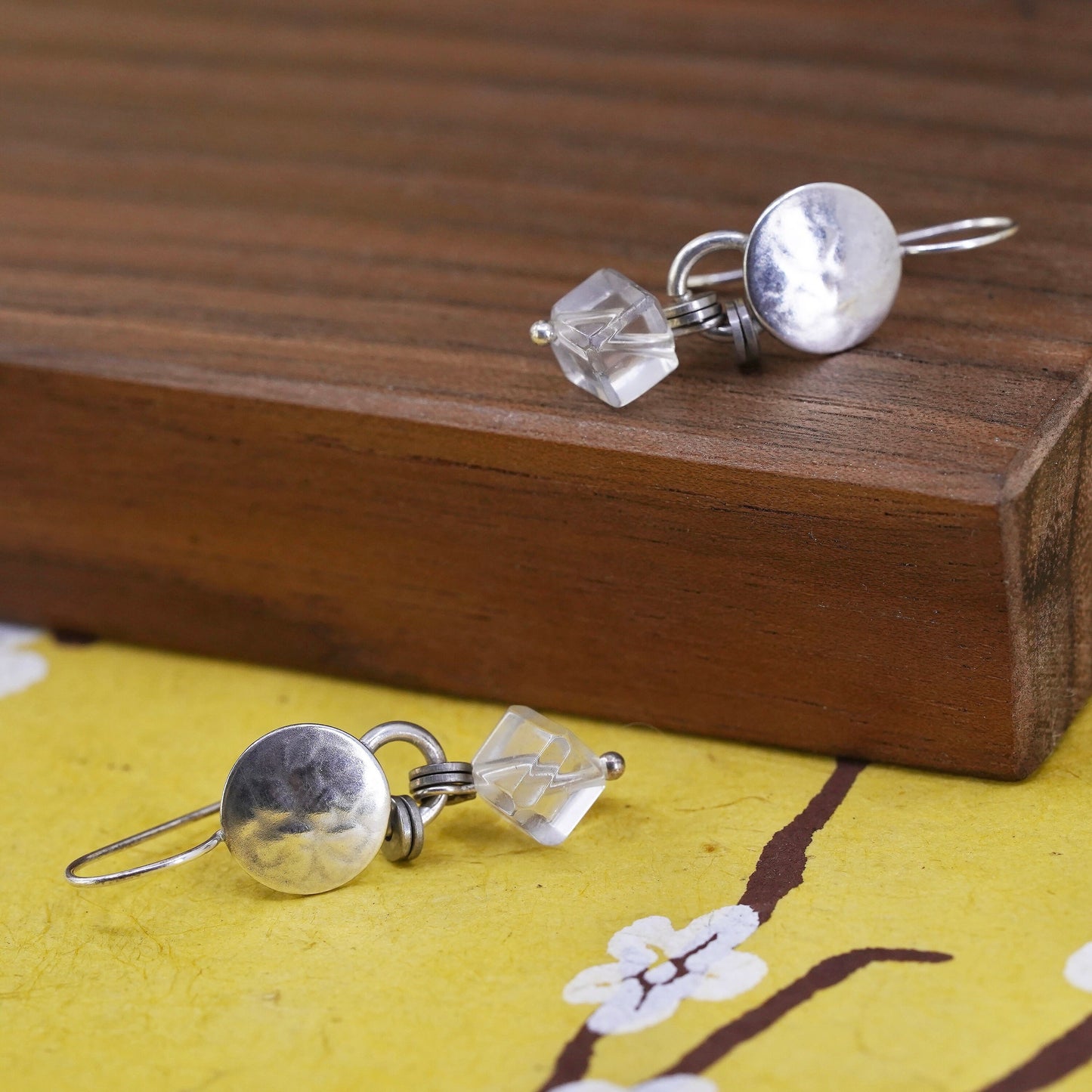 Vintage handmade sterling silver earrings, 925 hammered disc with crystal cube