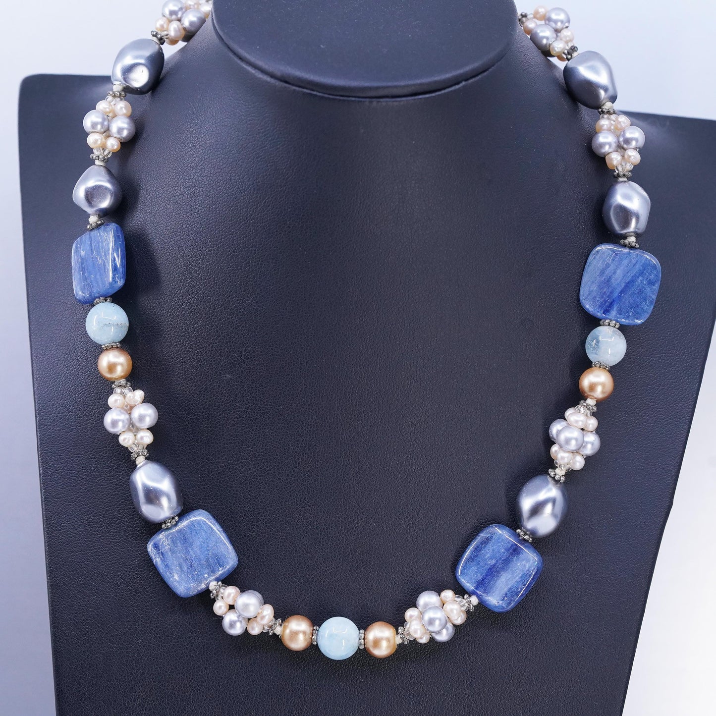 16+2", vintage Sterling 925 silver necklace with pearl aquamarine kyanite beads