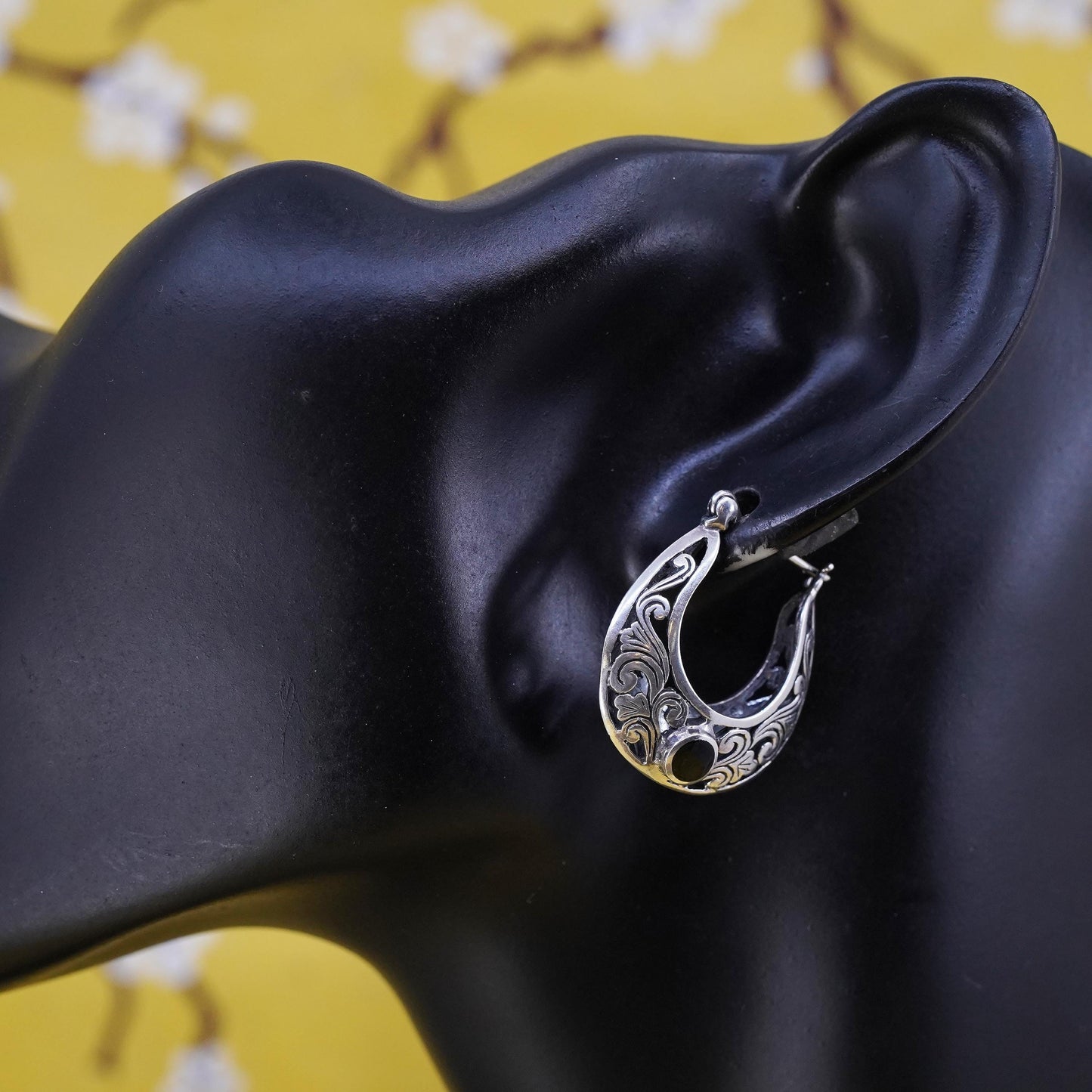 1”, Vintage Sterling silver earrings, 925 huggie, filigree hoops, Bali onyx
