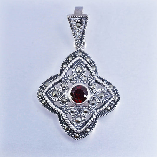 Vintage sterling 925 silver cross pendant with ruby and marcasites