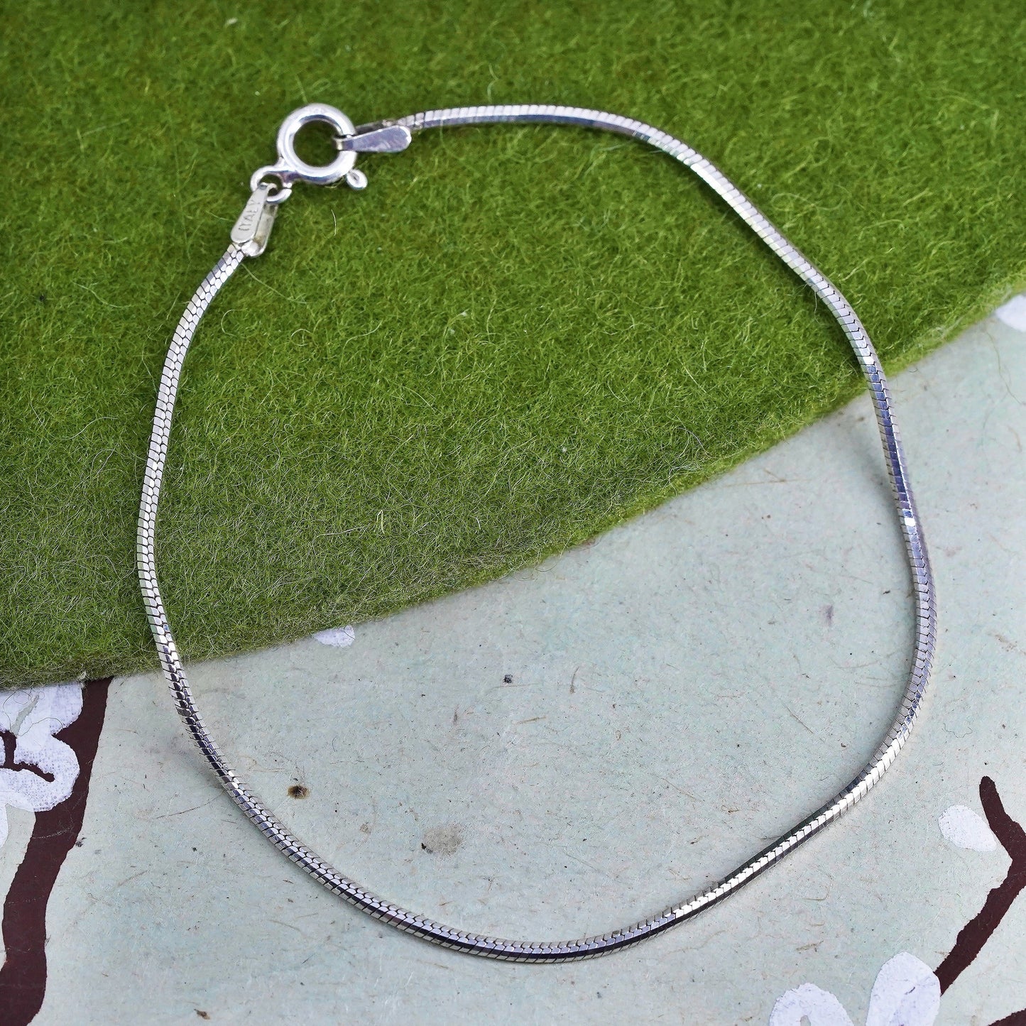 7.5", 1mm, Vintage sterling silver bracelet, Italy 925 square snake chain