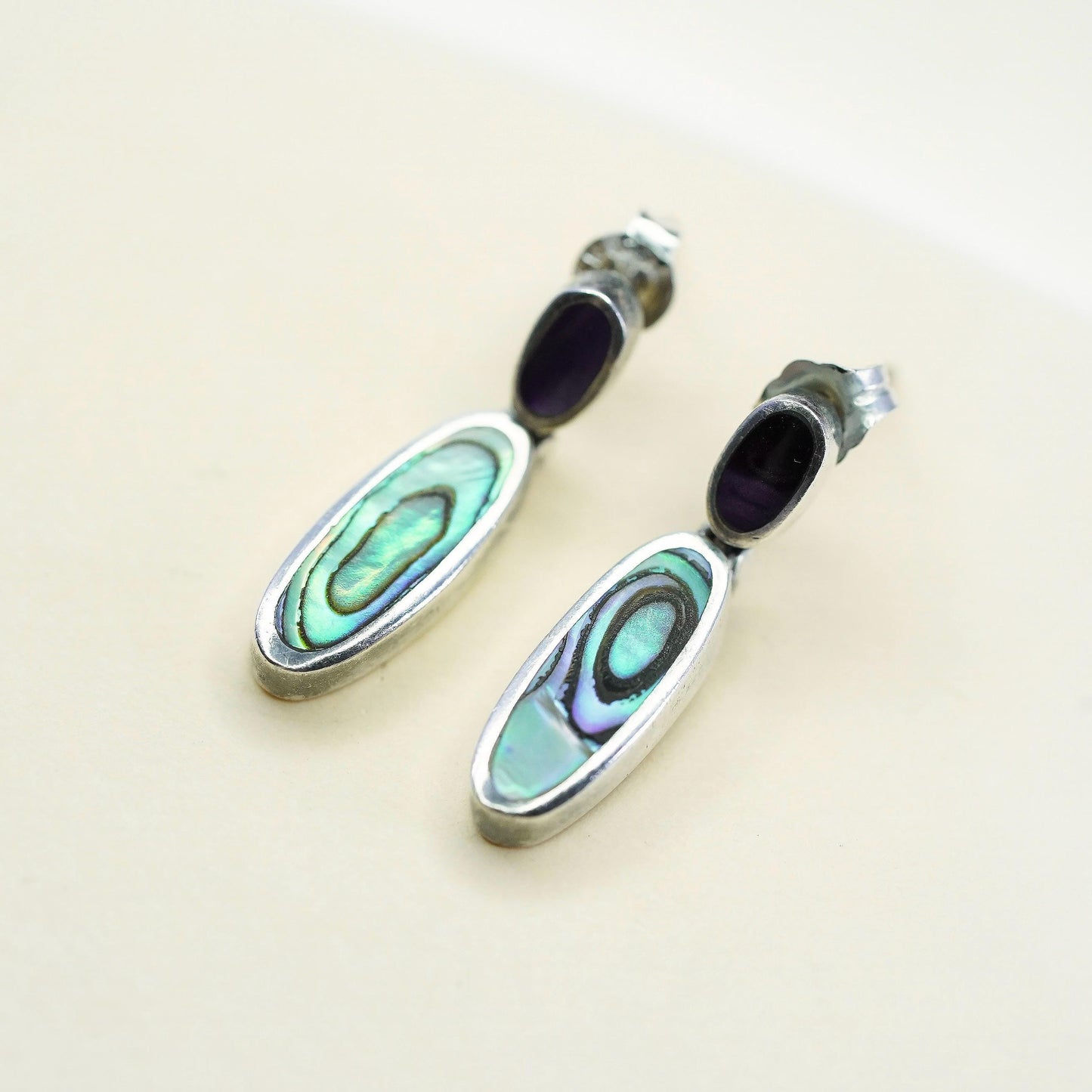 Vintage sterling 925 silver handmade oval earrings with abalone inlay