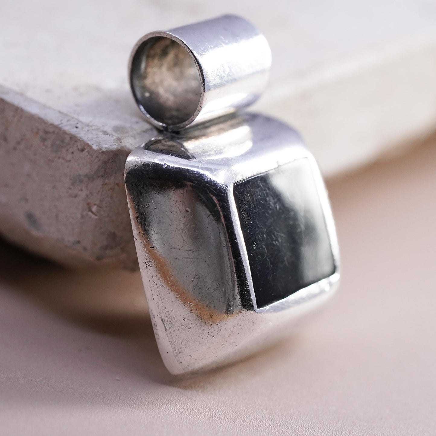 Vintage Sterling 925 silver handmade square pendant with onyx