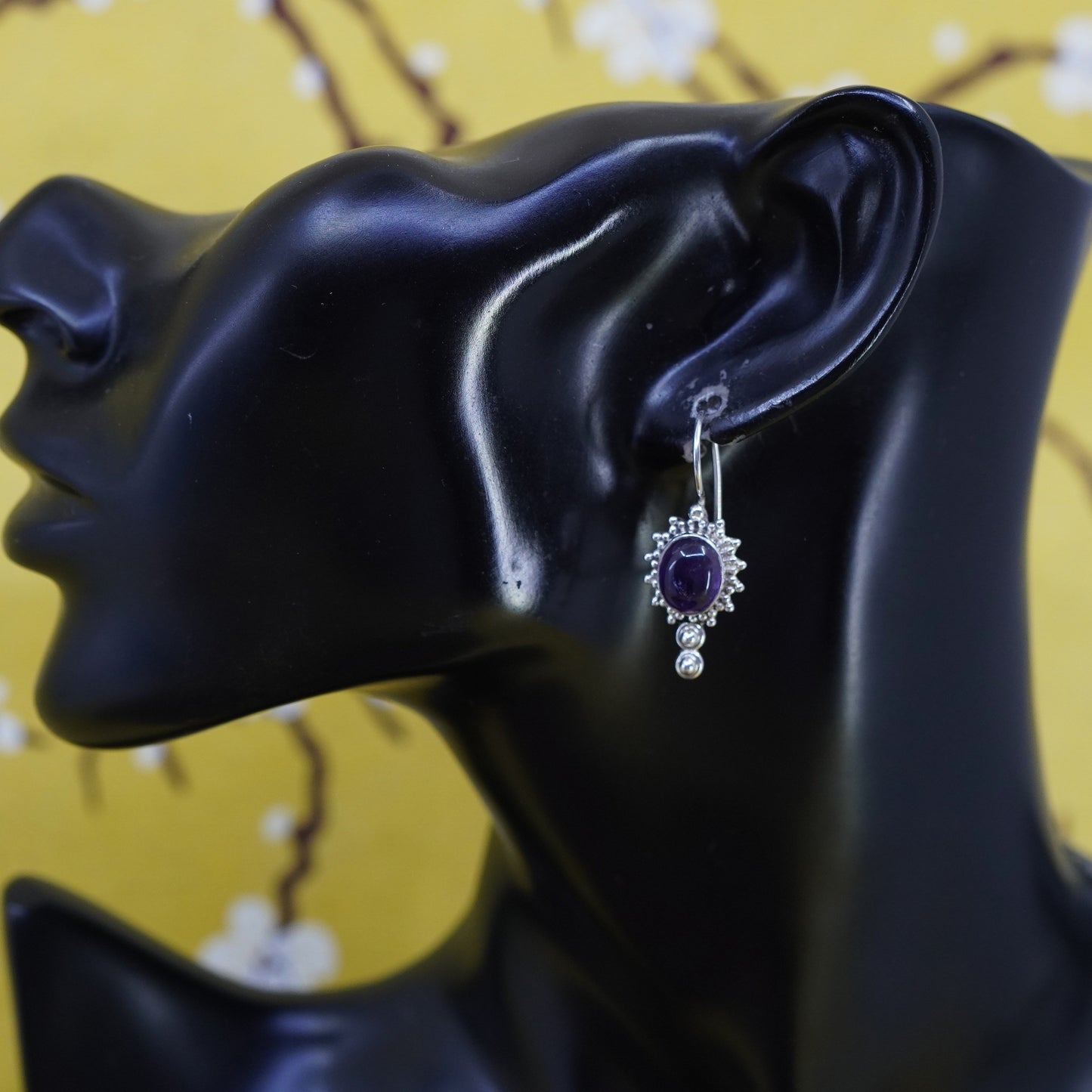 Vintage Sterling silver handmade earrings, 925 dangles with oval amethyst