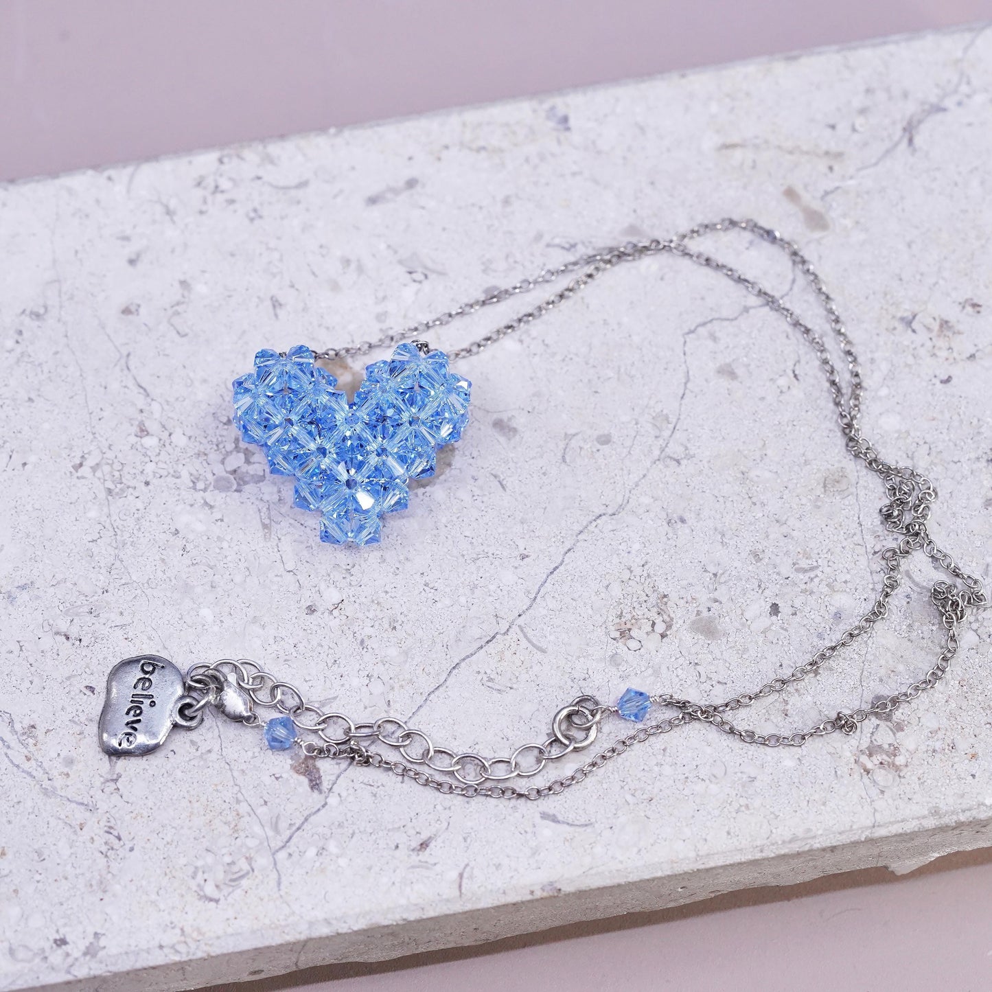 18+2" VTG Sterling silver necklace, 925 circle chain blue crystal heart pendant