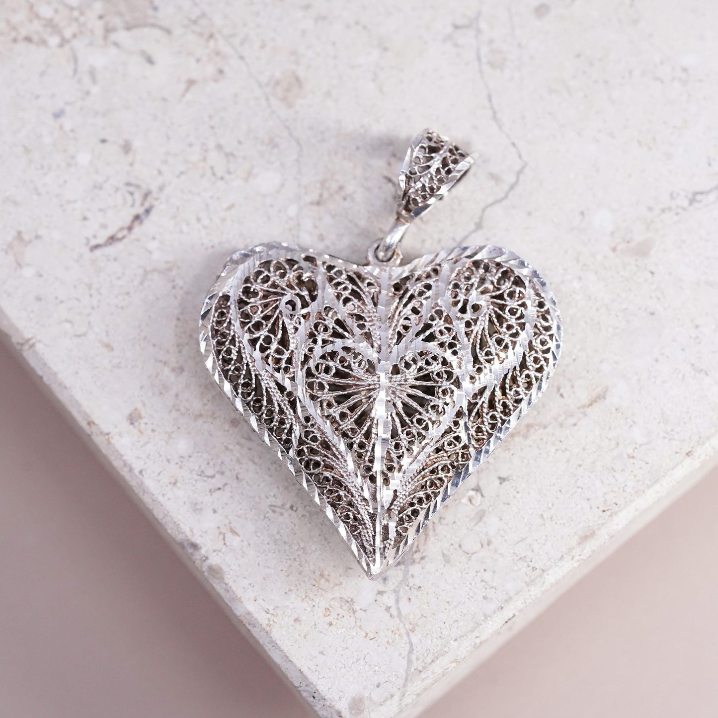 Vintage Sterling silver handmade pendant, 925 puffy filigree heart