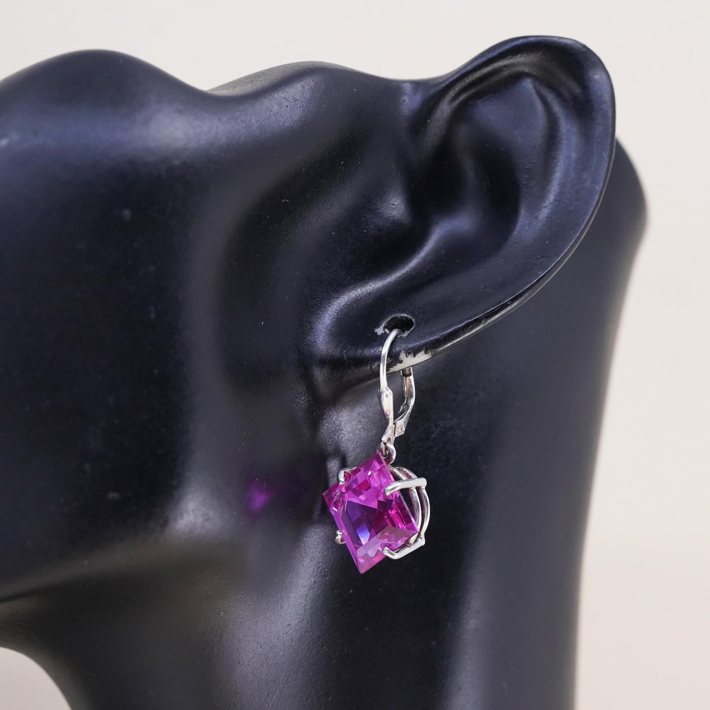Vintage Sterling 925 silver handmade square earrings with pink crystal