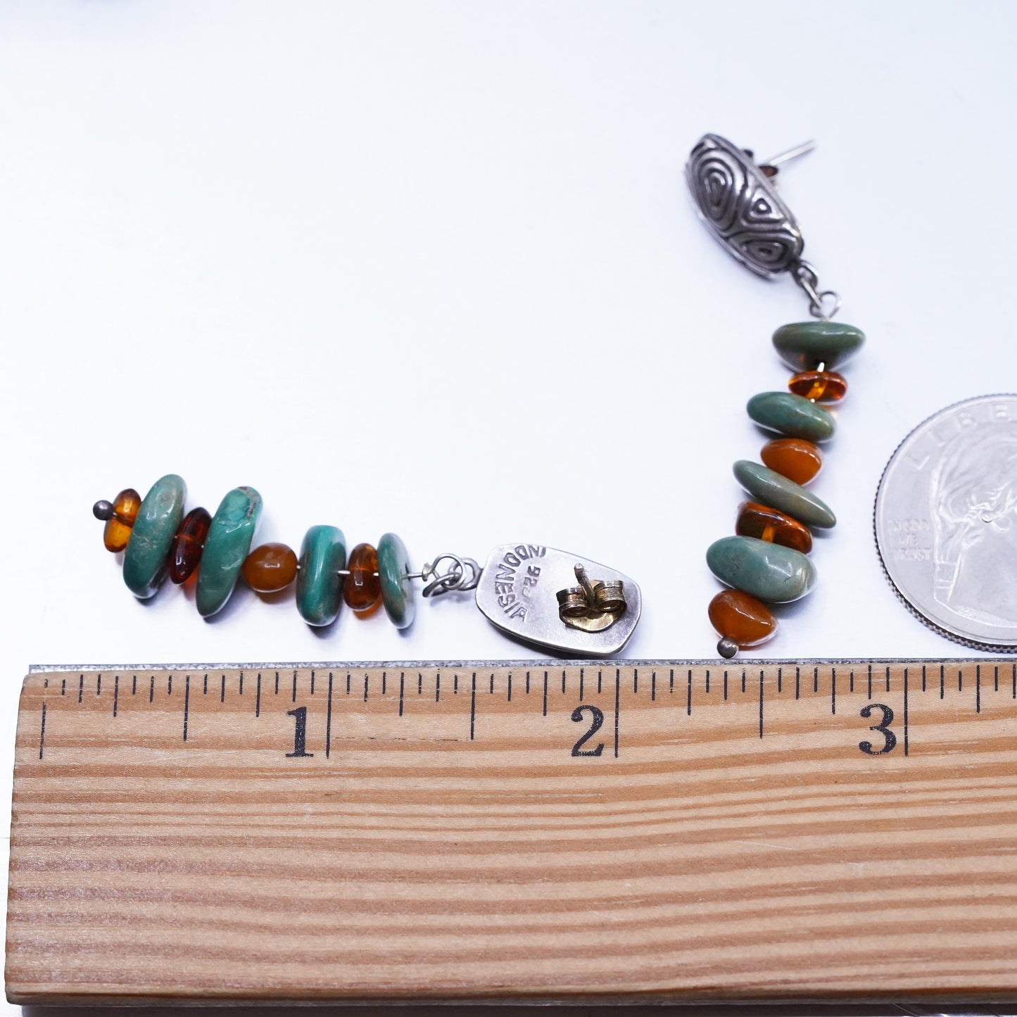 Indonesia handmade Sterling Silver handmade earrings, Turquoise Amber beads