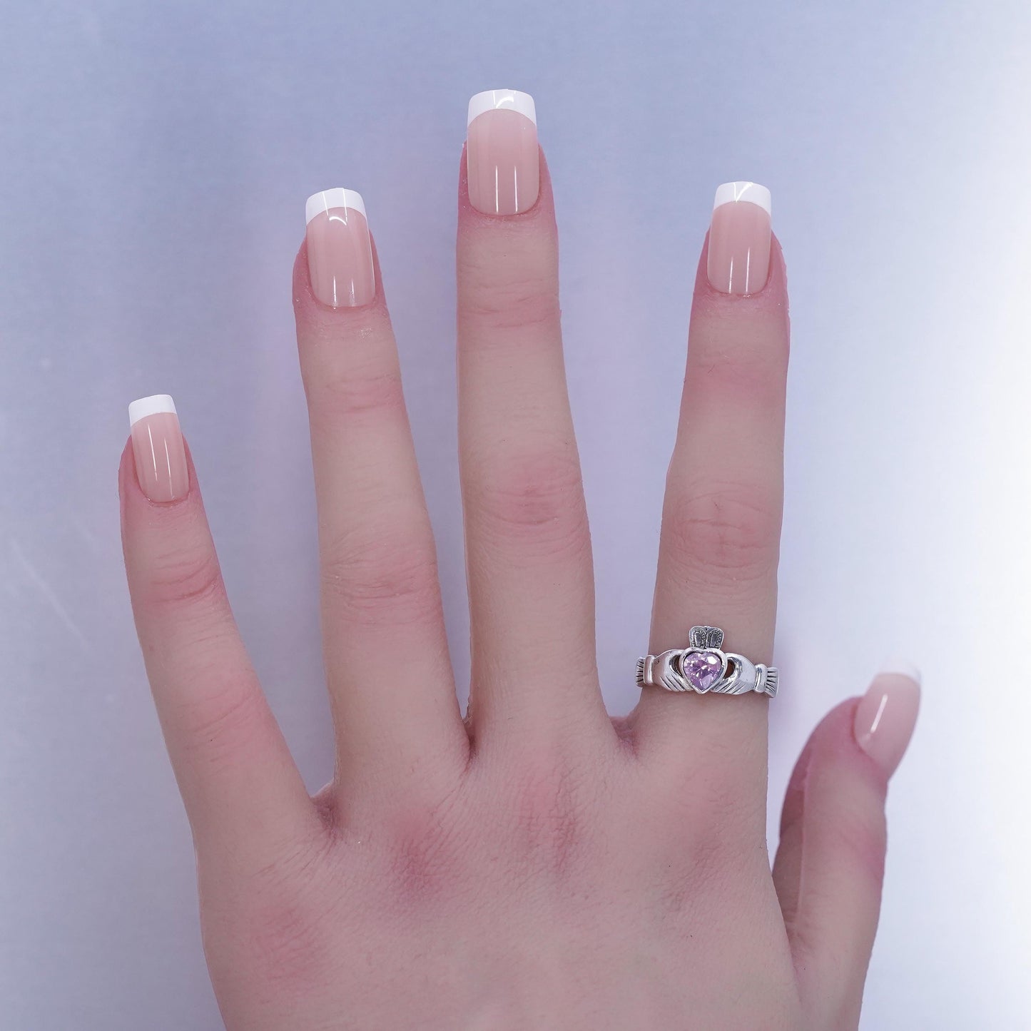 SZ 7.25, Irish Claddagh friendship Sterling 925 silver ring, pink crystal heart