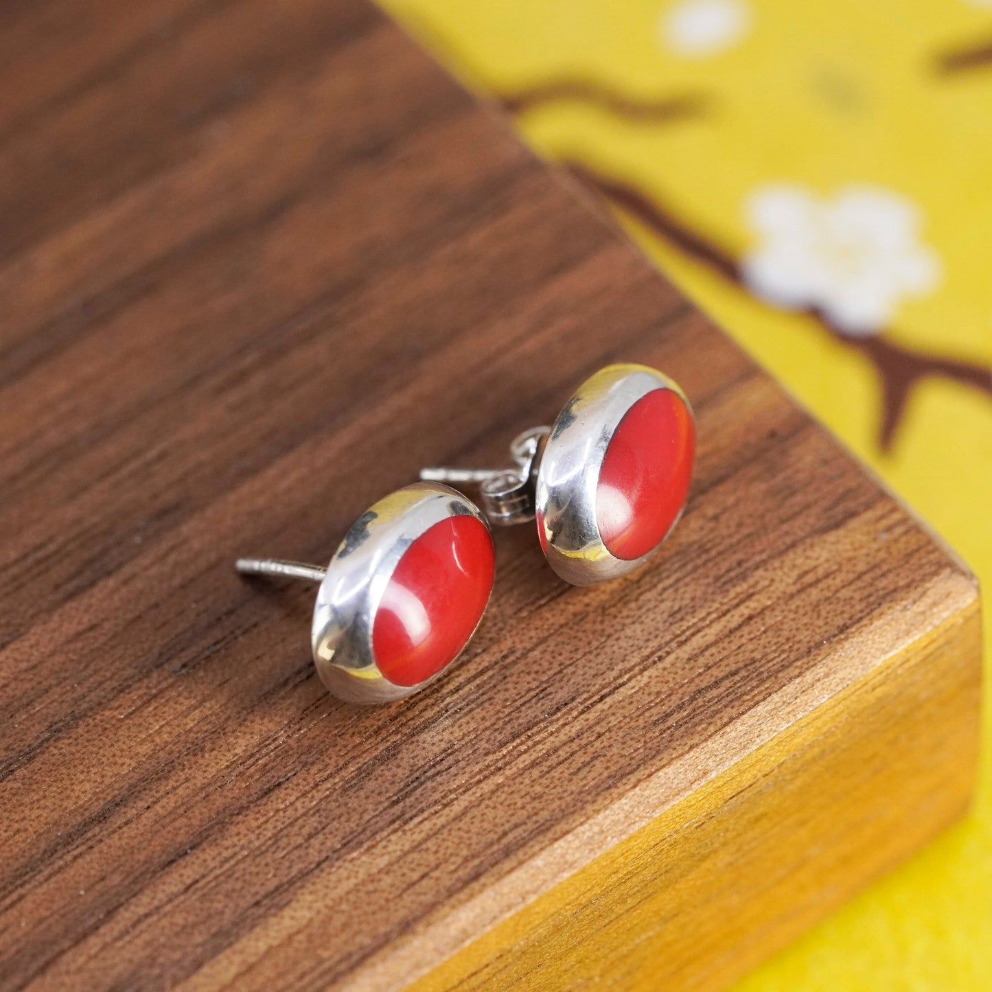 Vintage Sterling silver handmade earrings, 925 studs with red onyx