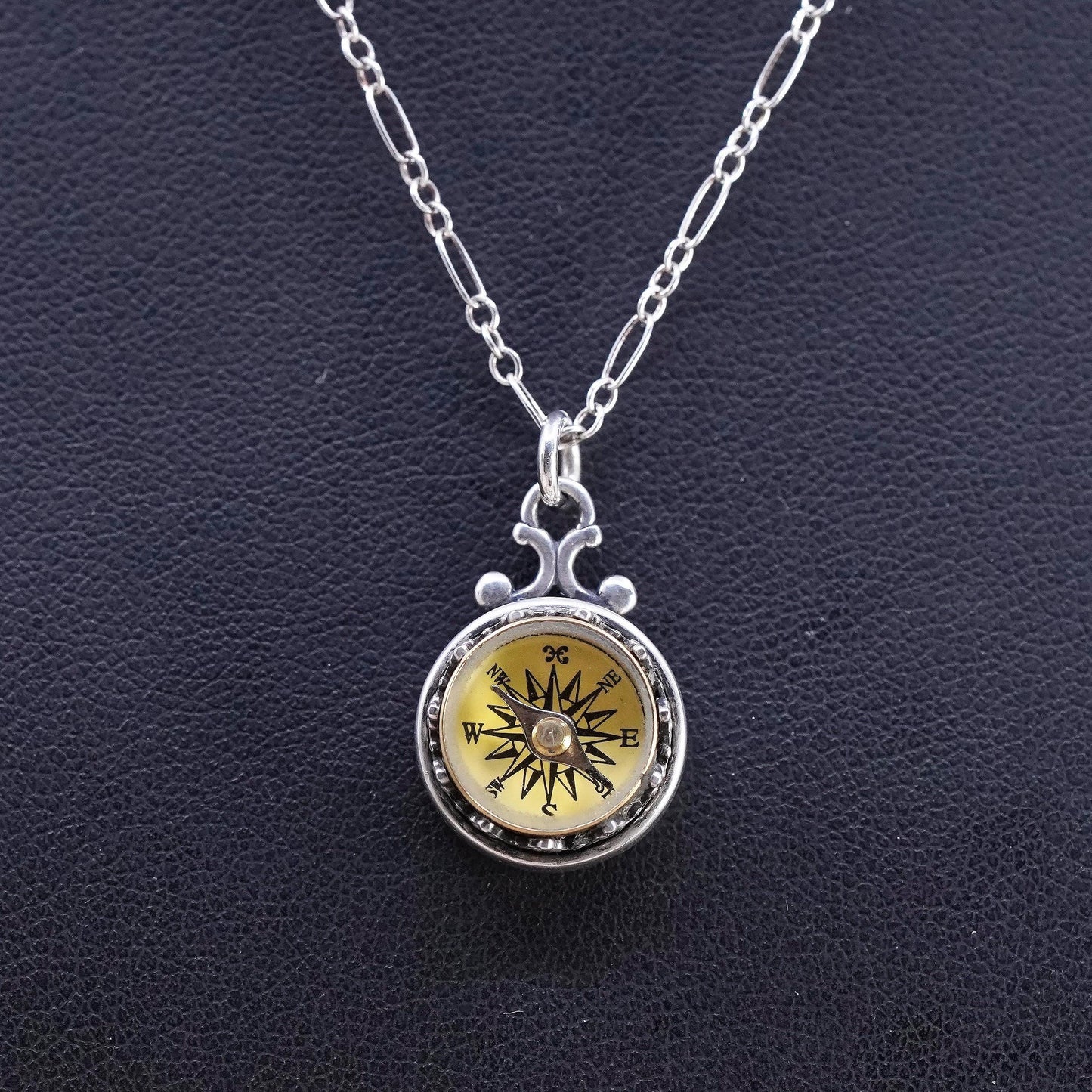 16”, vintage Sterling silver necklace, 925 figaro chain with compass pendant