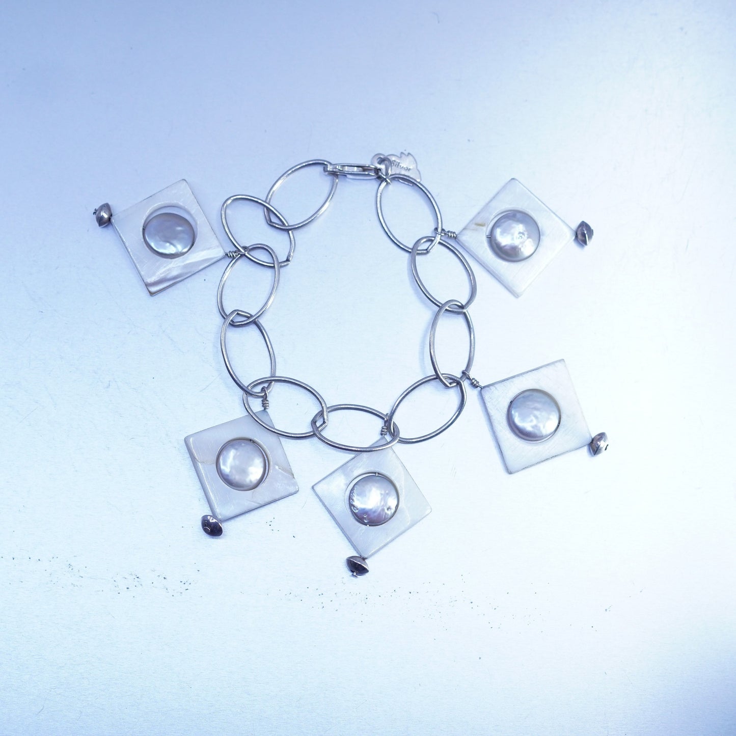 6.5”, Sterling 925 silver handmade bracelet, oval link chain coin pearl charms