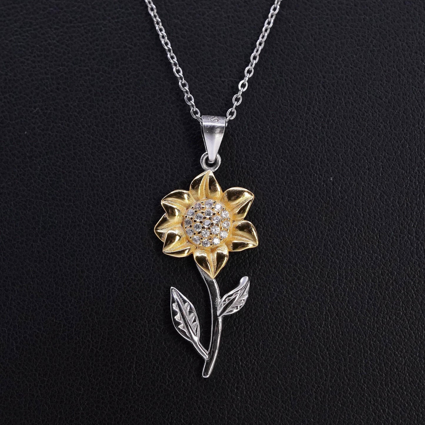 Aphrodite Jewelry, Sterling 925 silver necklace two tone sunflower pendant