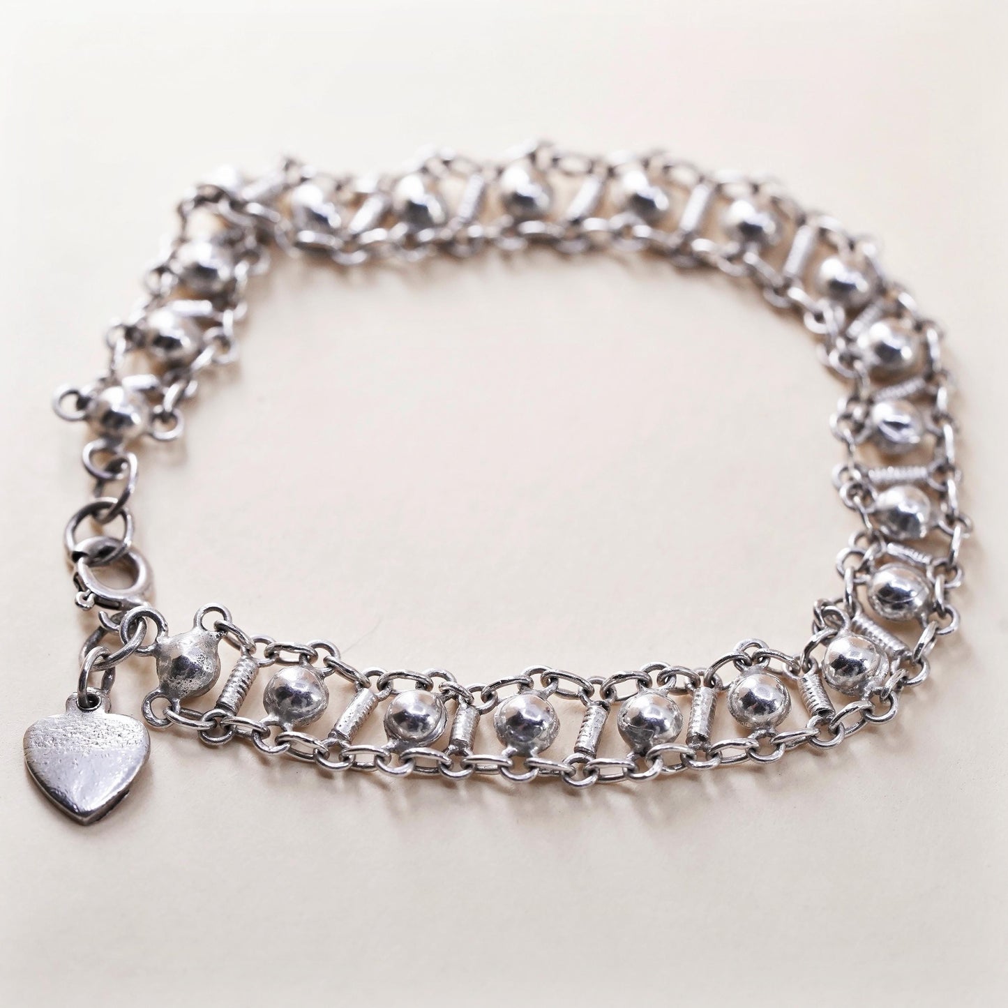 7.5”, Vintage sterling silver handmade bracelet, 925 snake chain with 3mm beads