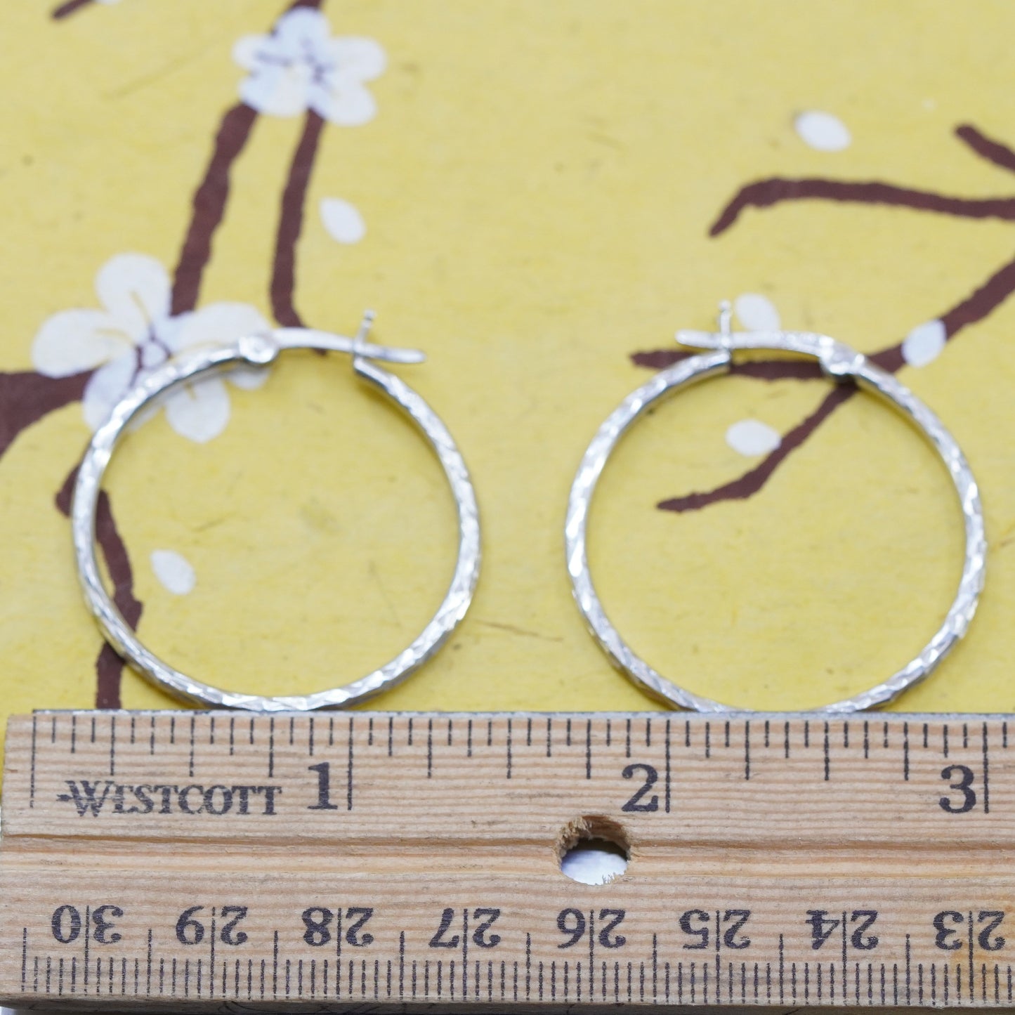 1.25”, vintage Sterling silver handmade earrings, textured 925 silver hoops