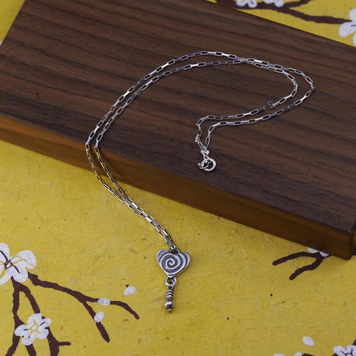 16", sterling 925 Silver elongated chain necklace double sided heart pendant