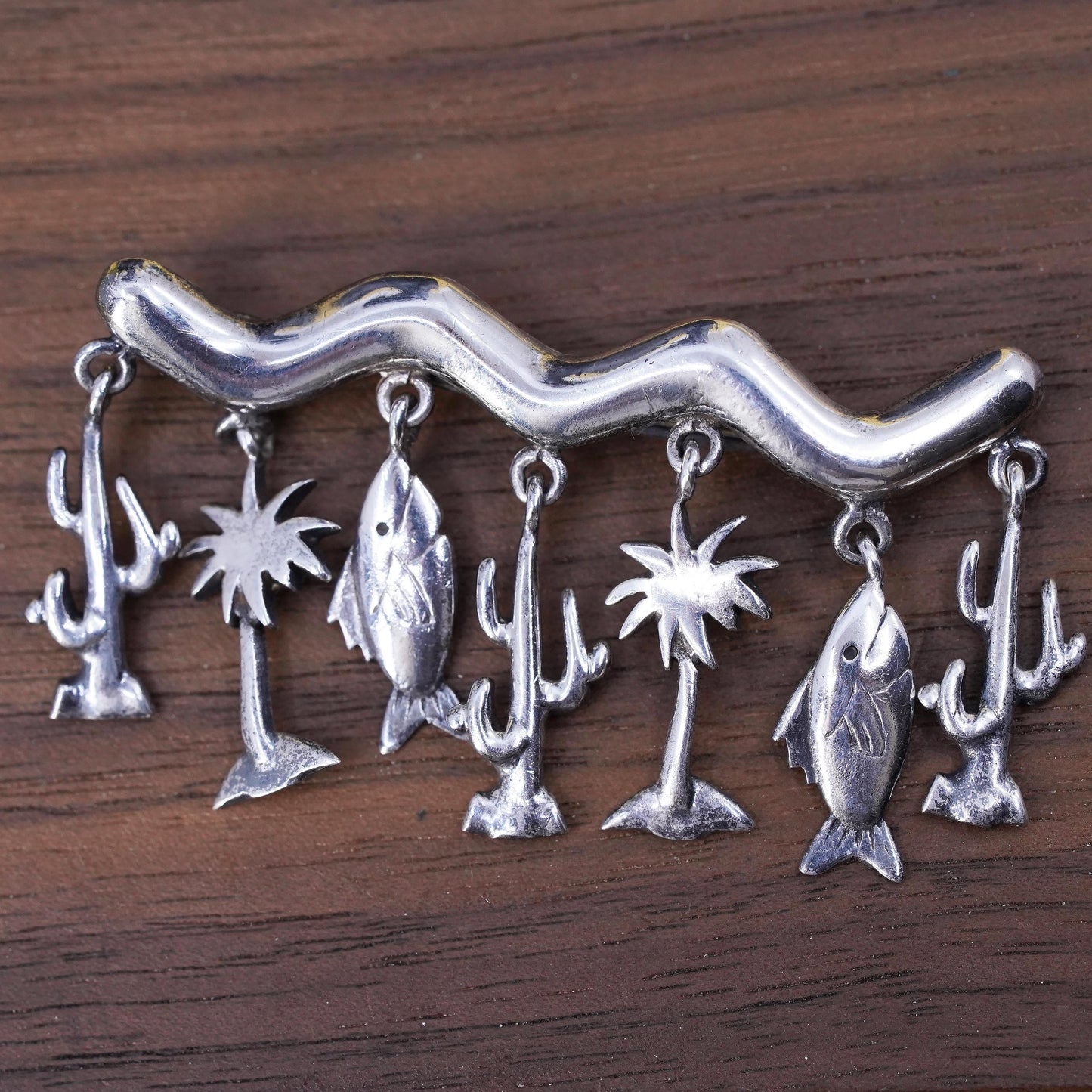 VTG Mexican sterling 925 silver handmade brooch cactus palm tree fish charms