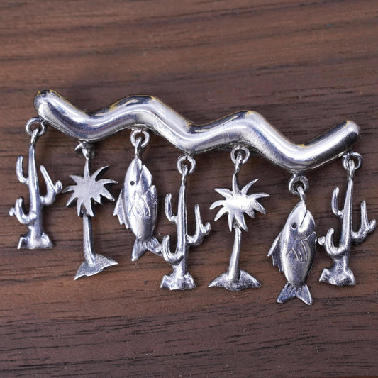 VTG Mexican sterling 925 silver handmade brooch cactus palm tree fish charms