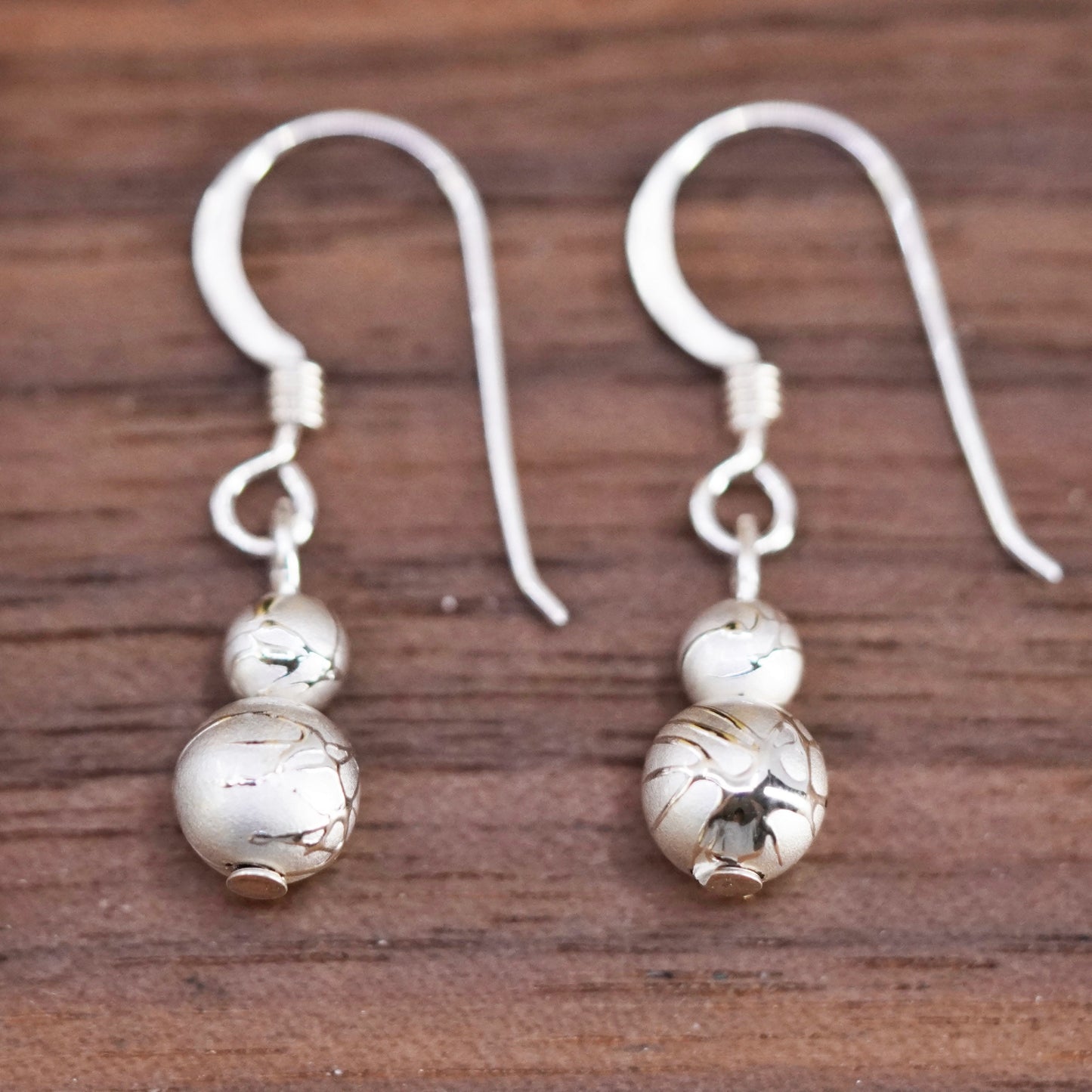 Vintage Sterling silver handmade earrings, textured 925 beads drops