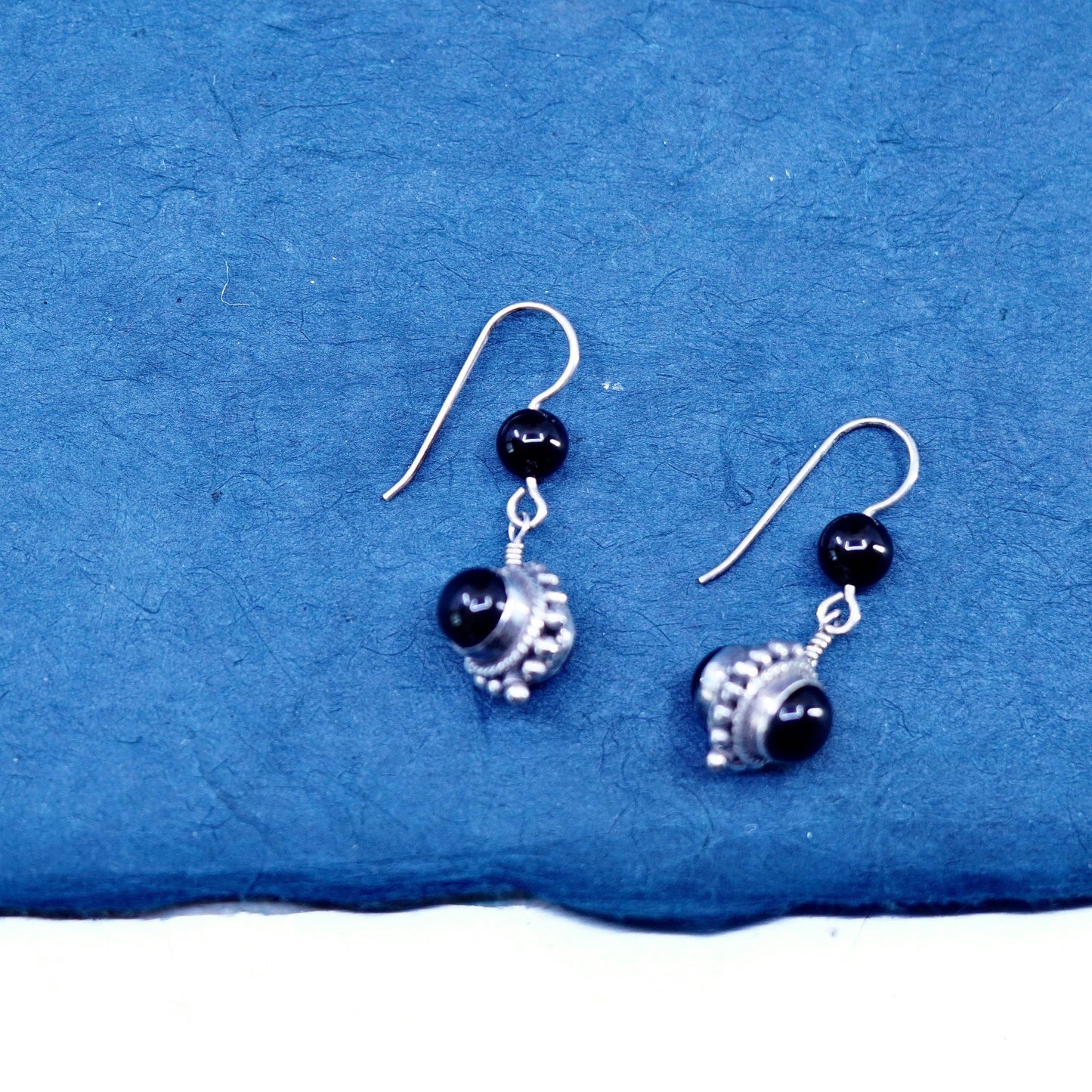 Vintage sterling 925 silver handmade earrings with round obsidian