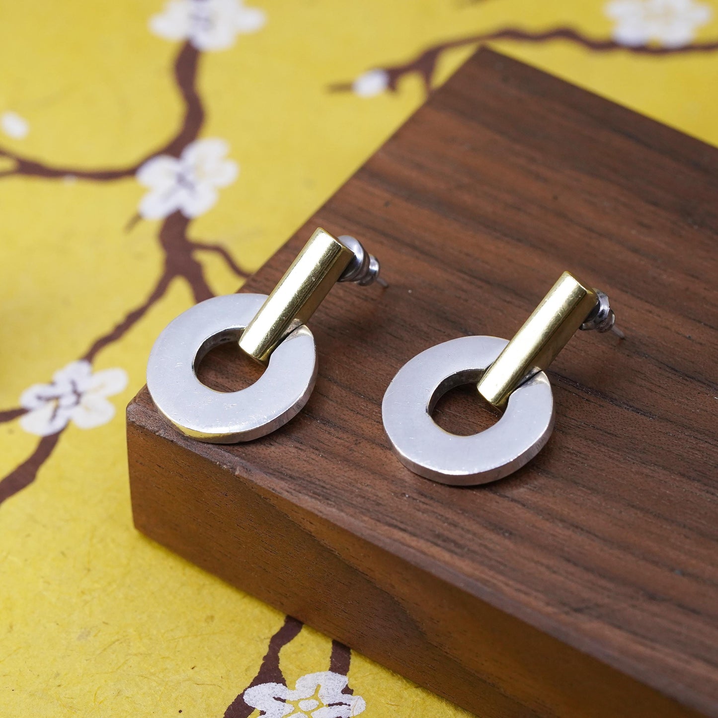 Vintage two tone Mexico Sterling silver earrings, 925 studs with circle dangles