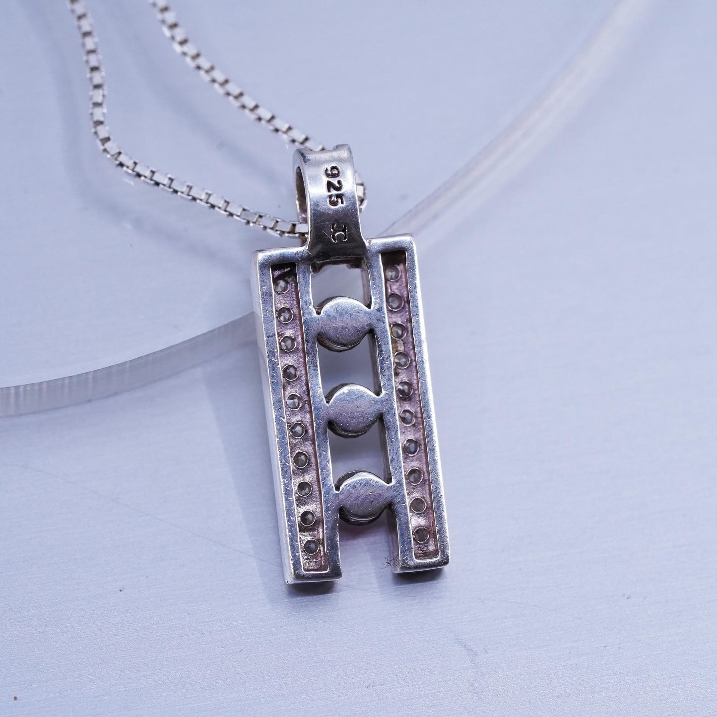 18+2”, vintage Sterling 925 silver box chain necklace with crystal pendant