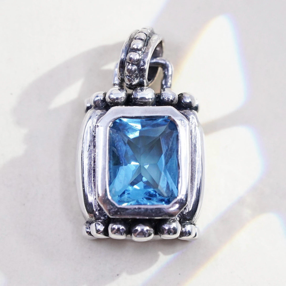 Vintage 925 Sterling Silver Blue Topaz Pendant, Emerald Cut Blue Gemstone Charm