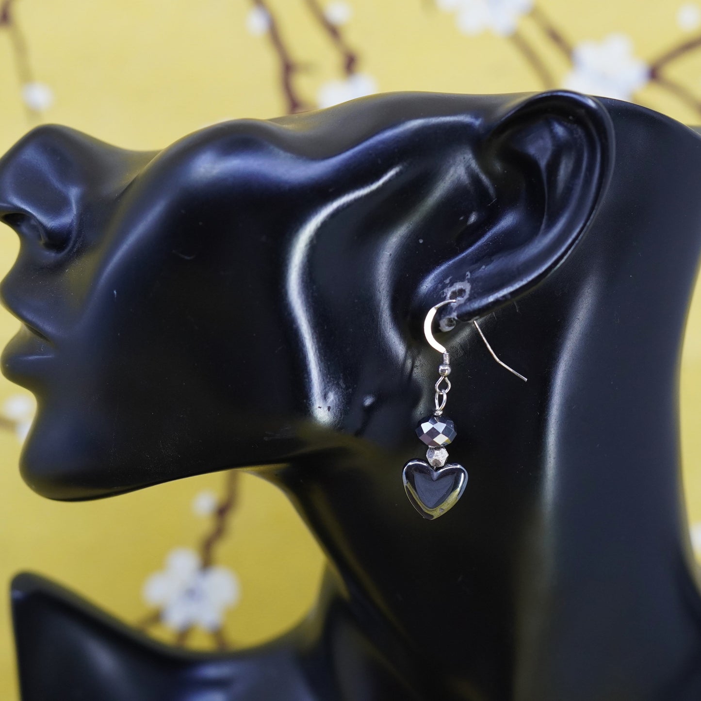 Vintage Sterling silver 925 earrings with heart hematite dangles